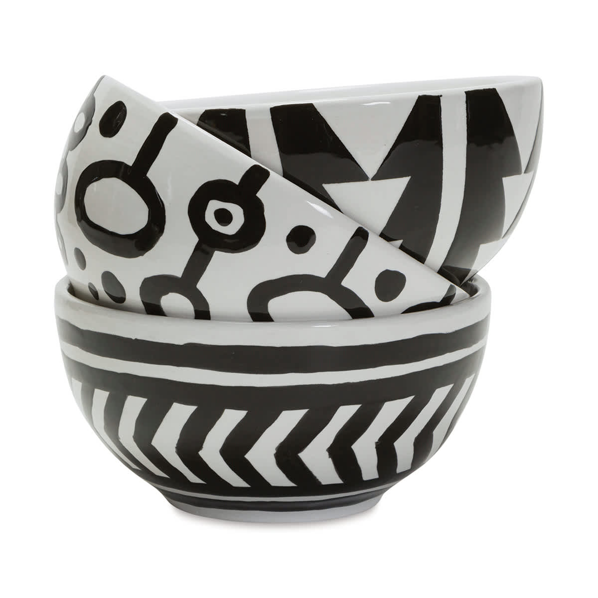 Mayco Earthenware Bisque Rice Bowl - Three rice bowls glazed with black and white geometric patterns