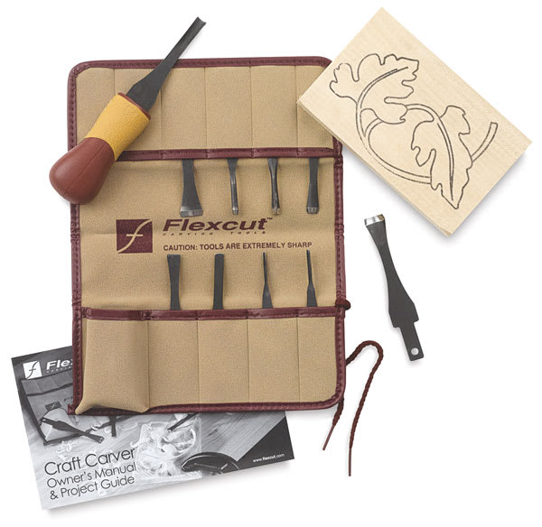 Flexcut Craft Kits - 11 pc Set shown with open roll and instructions
