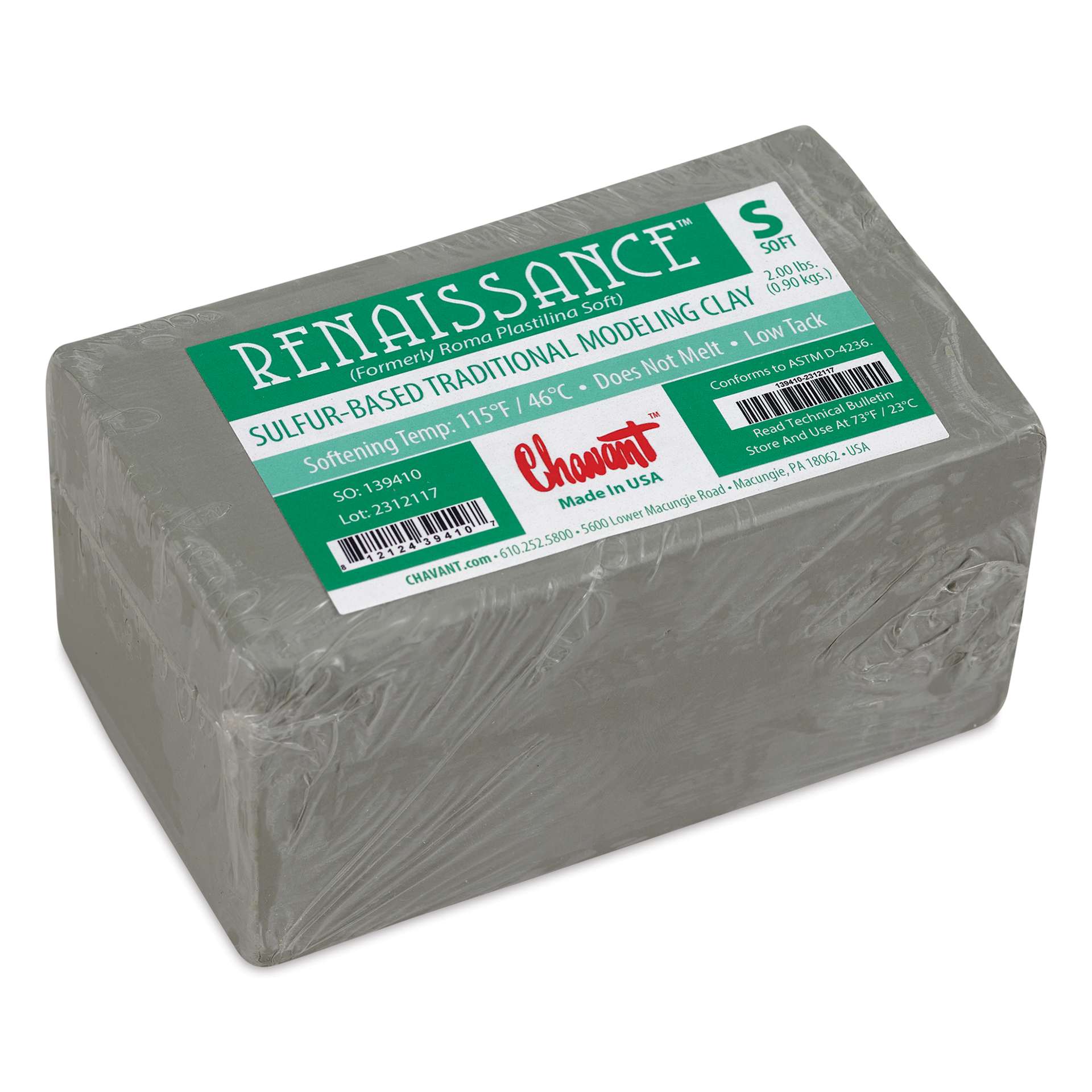Chavant Renaissance Modeling Clay - 2 lb, Gray-Green, Soft - top view, angled