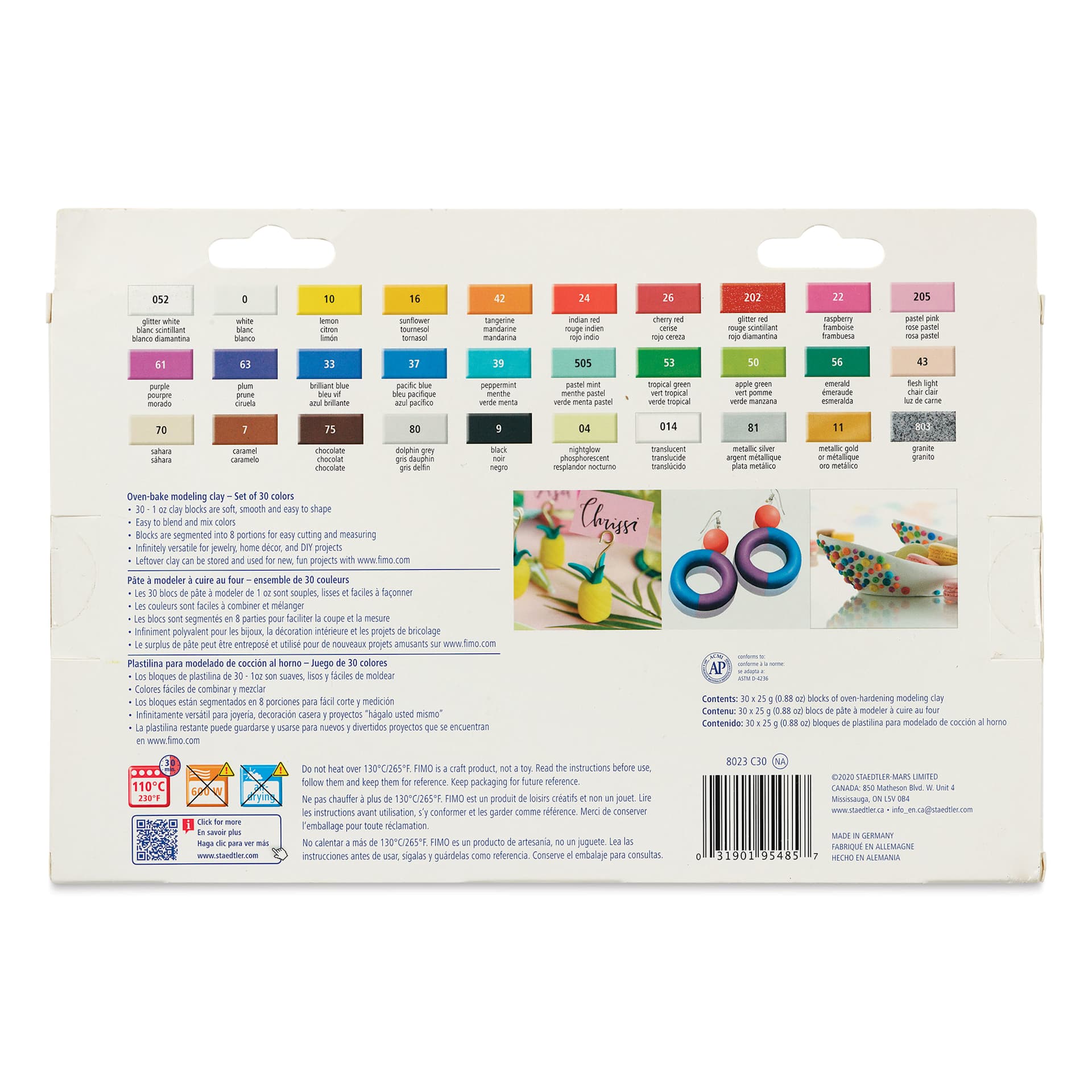 Staedtler Fimo Soft Polymer Clay - Color Sampler, Set of 30 - back of packaging