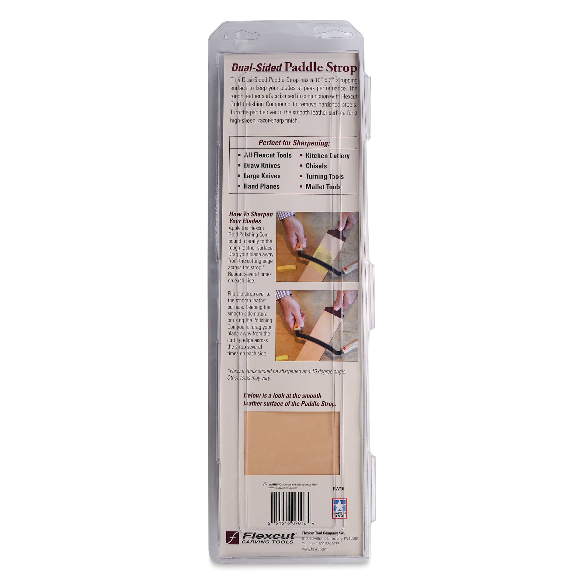Flexcut Dual-Sided Paddle Strop, back of packaging