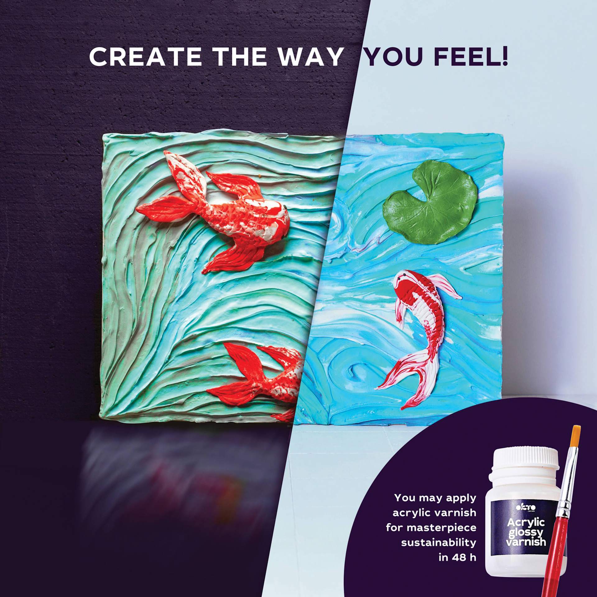 Okto Sensory Art DIY 3D Clay Painting Kit - Koi Fish- create the way you feel and acrylic varnish