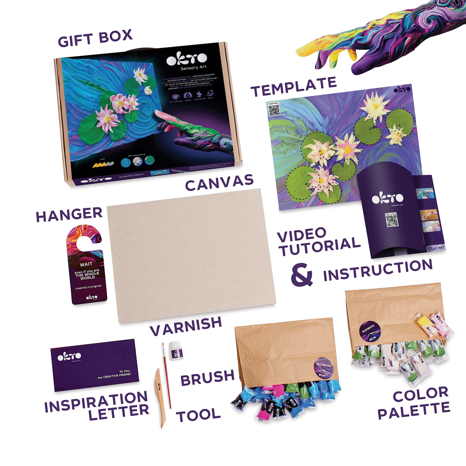 Okto Sensory Art DIY 3D Clay Painting Kit - Water Lilies - labelled contents