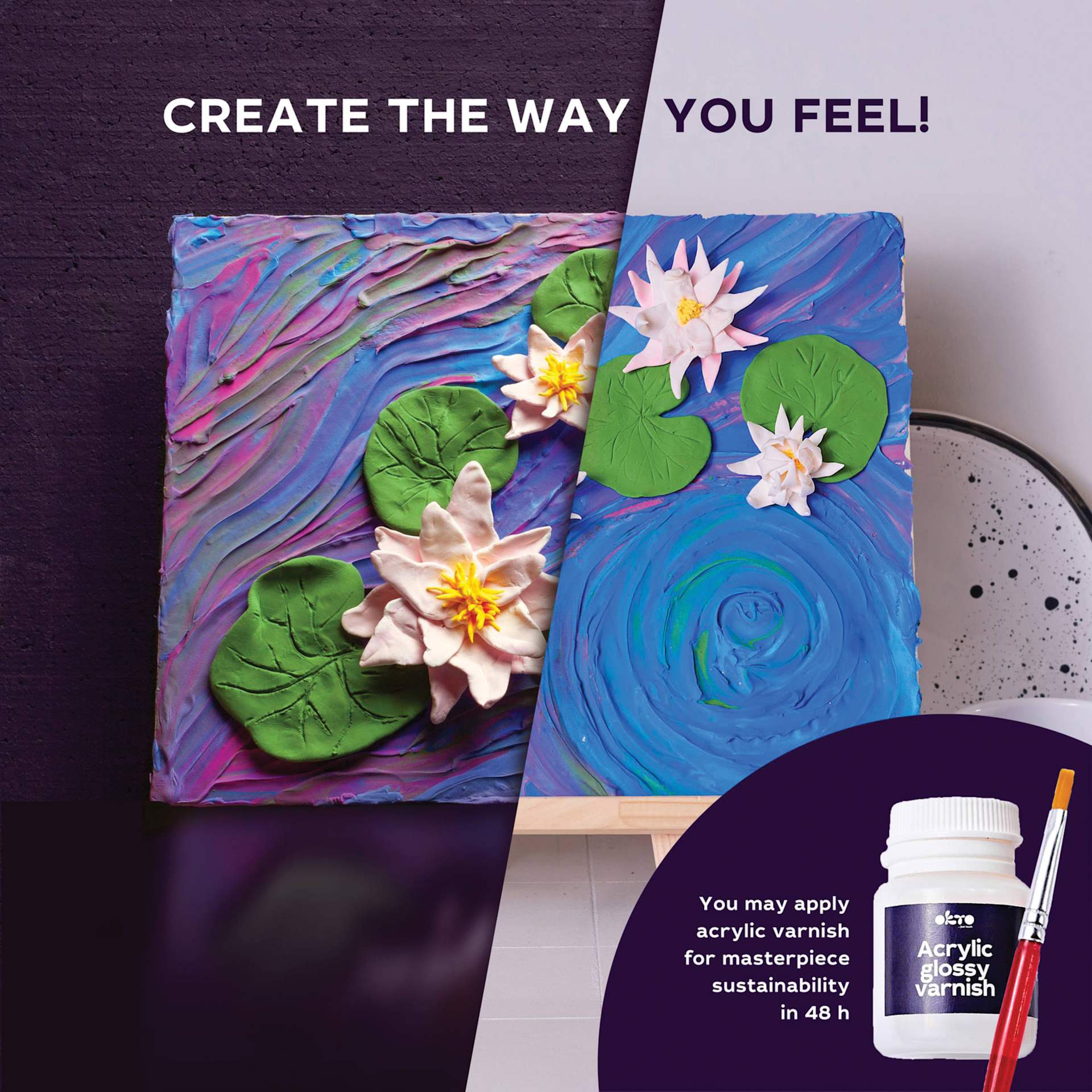 Okto Sensory Art DIY 3D Clay Painting Kit - Water Lilies - create the way you feel and acrylic varnish