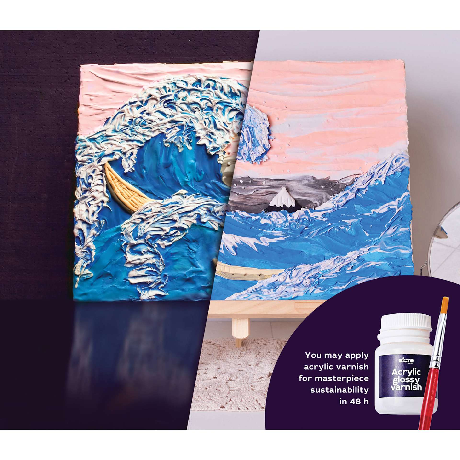 Okto Sensory Art DIY 3D Clay Painting Kit - Great Waves - finished example and acrylic varnish
