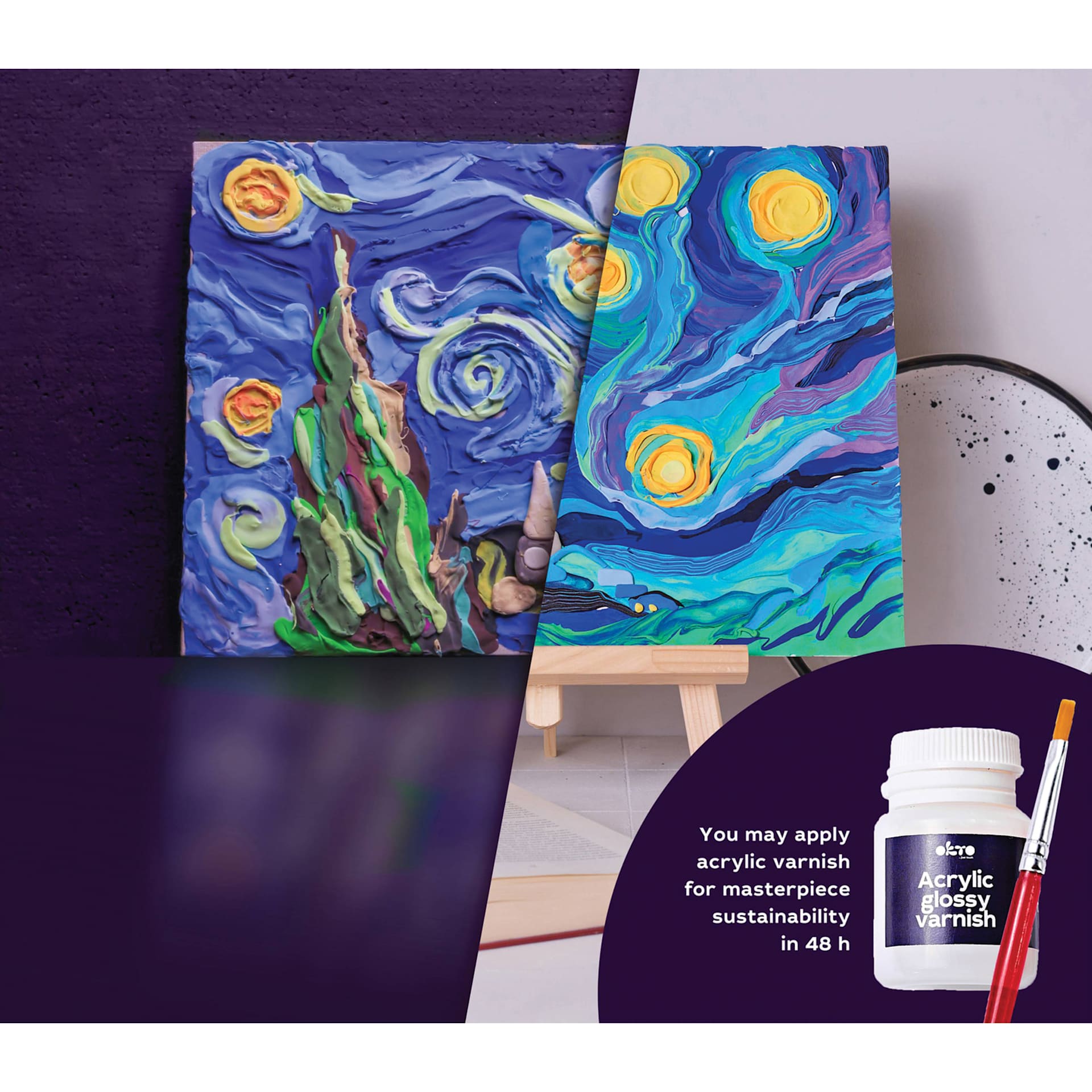 Okto Sensory Art DIY 3D Clay Painting Kit - Starry Night - finished example and acrylic varnish