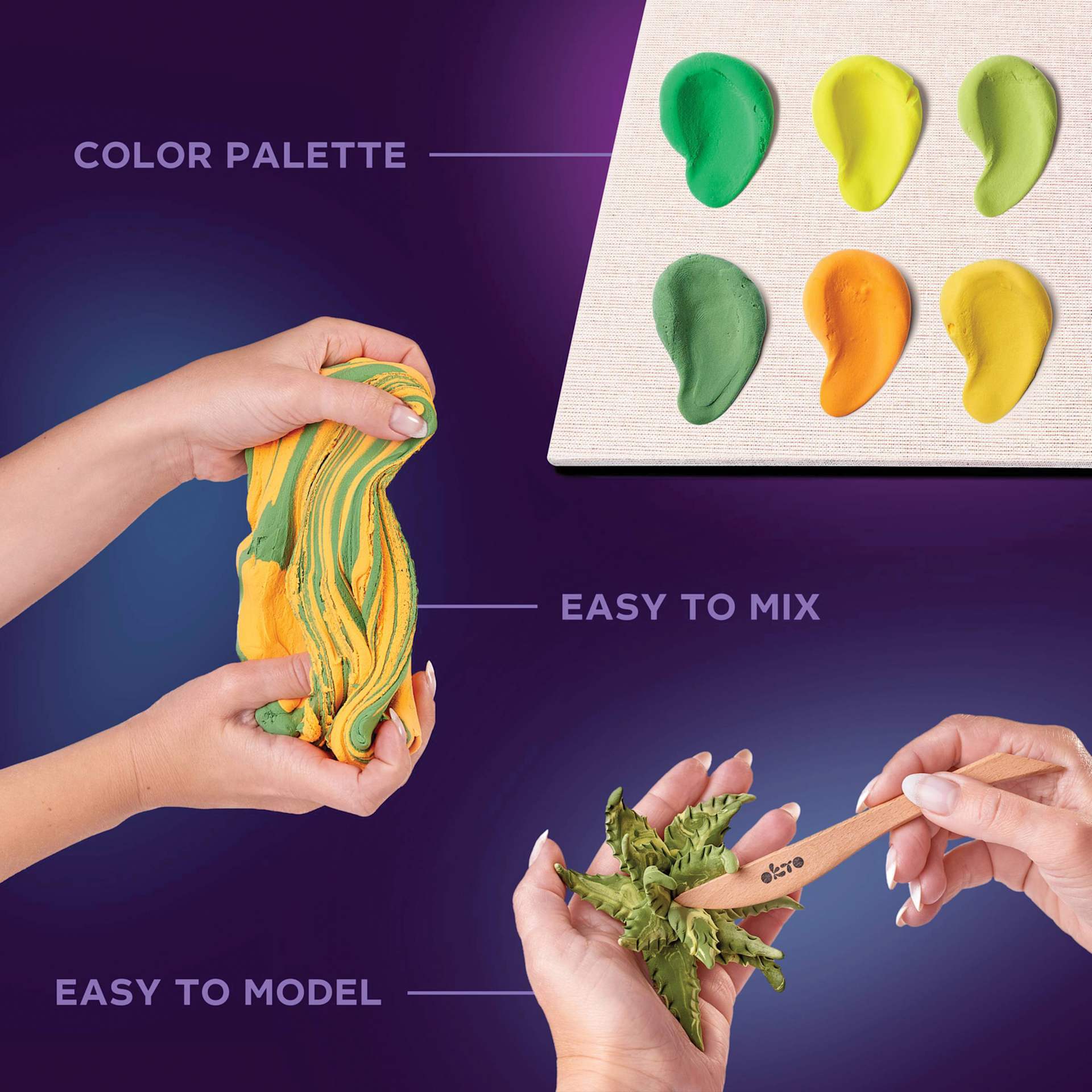 Okto Sensory Art DIY Wood & Craft Clay Kit - Succulents, Energy Colors - features