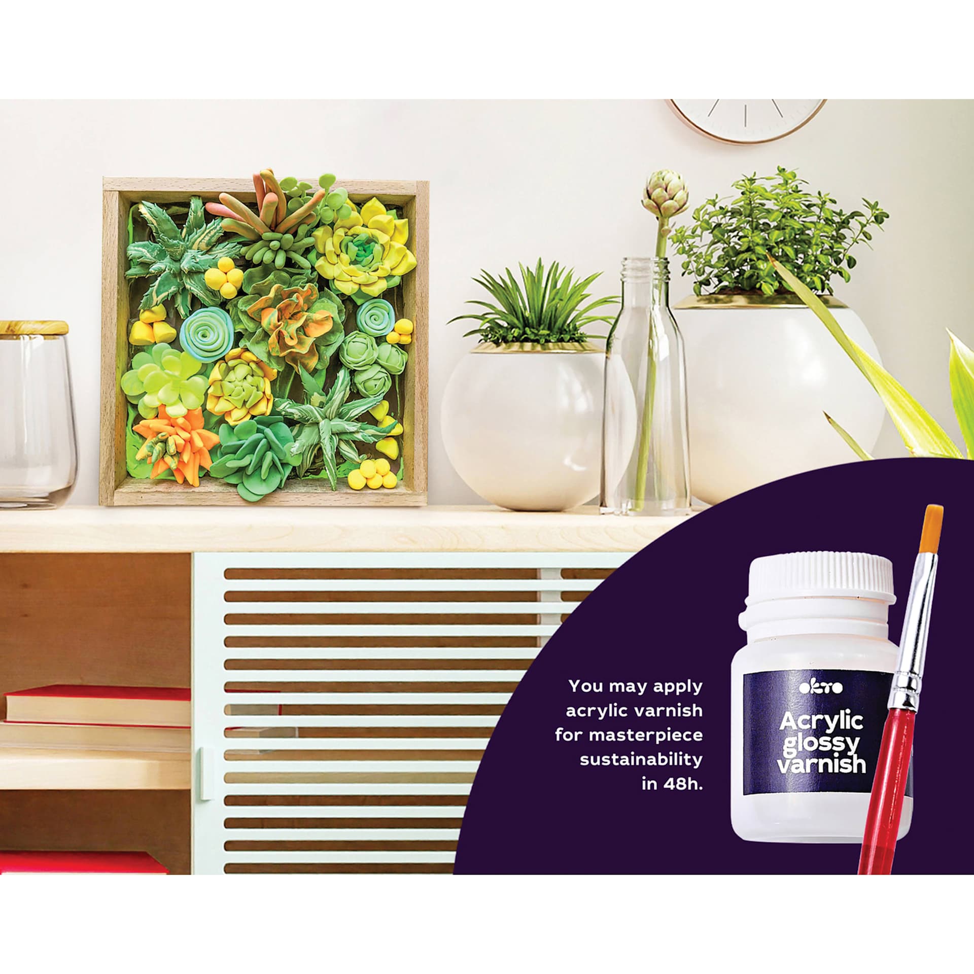 Okto Sensory Art DIY Wood & Craft Clay Kit - Succulents, Energy Colors - finished example, glossy acrylic varnish