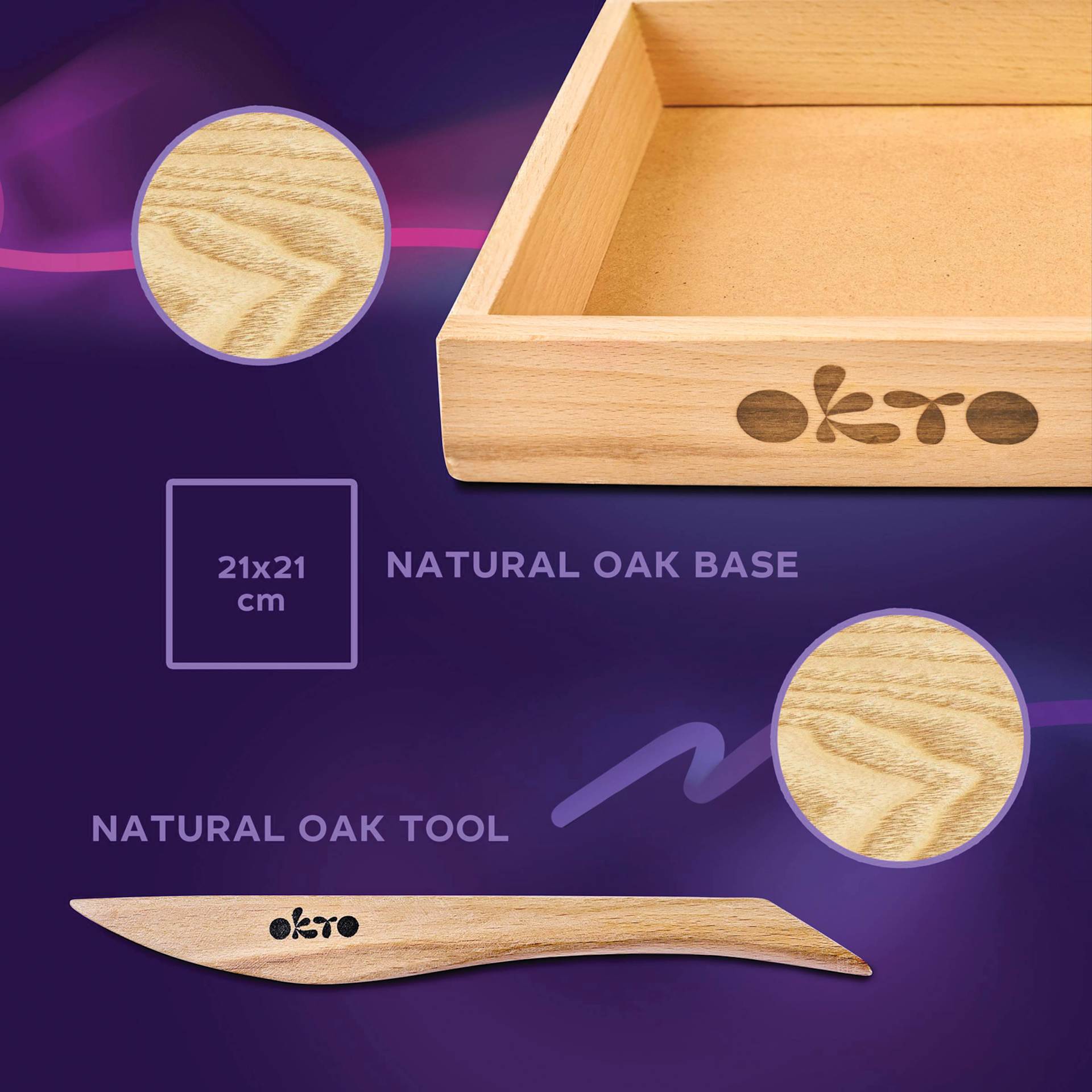 Okto Sensory Art DIY Wood & Craft Clay Kit - Succulents, Energy Colors - natural oak base and tool
