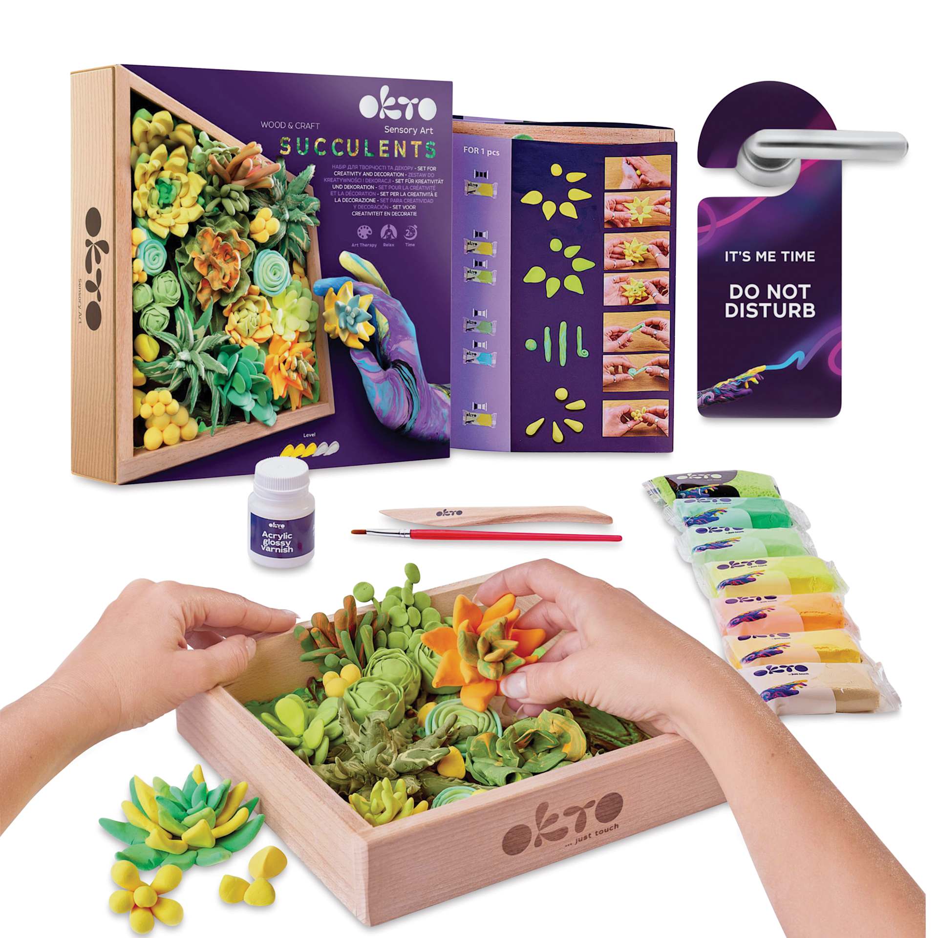 Okto Sensory Art DIY Wood & Craft Clay Kit - Succulents, Energy Colors