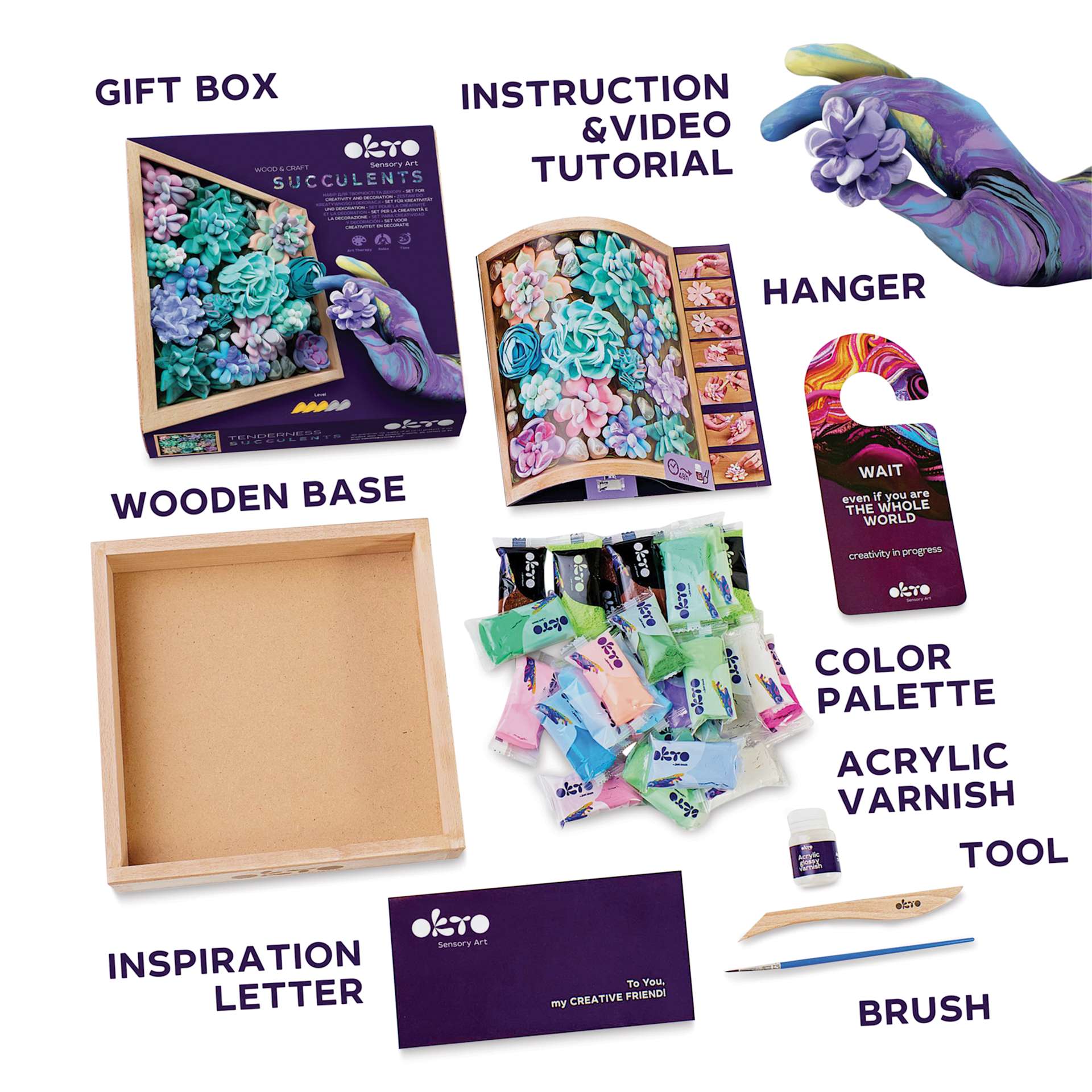 Okto Sensory Art DIY Wood & Craft Clay Kit - Succulents, Tenderness Colors - contents