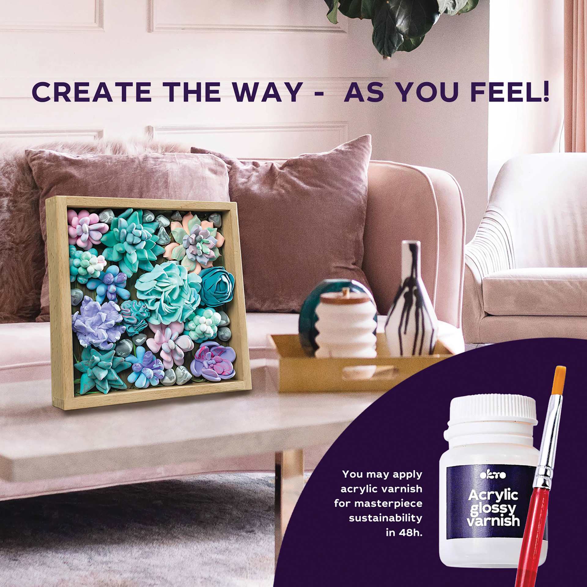 Okto Sensory Art DIY Wood & Craft Clay Kit - Succulents, Tenderness Colors - finished example, glossy acrylic varnish