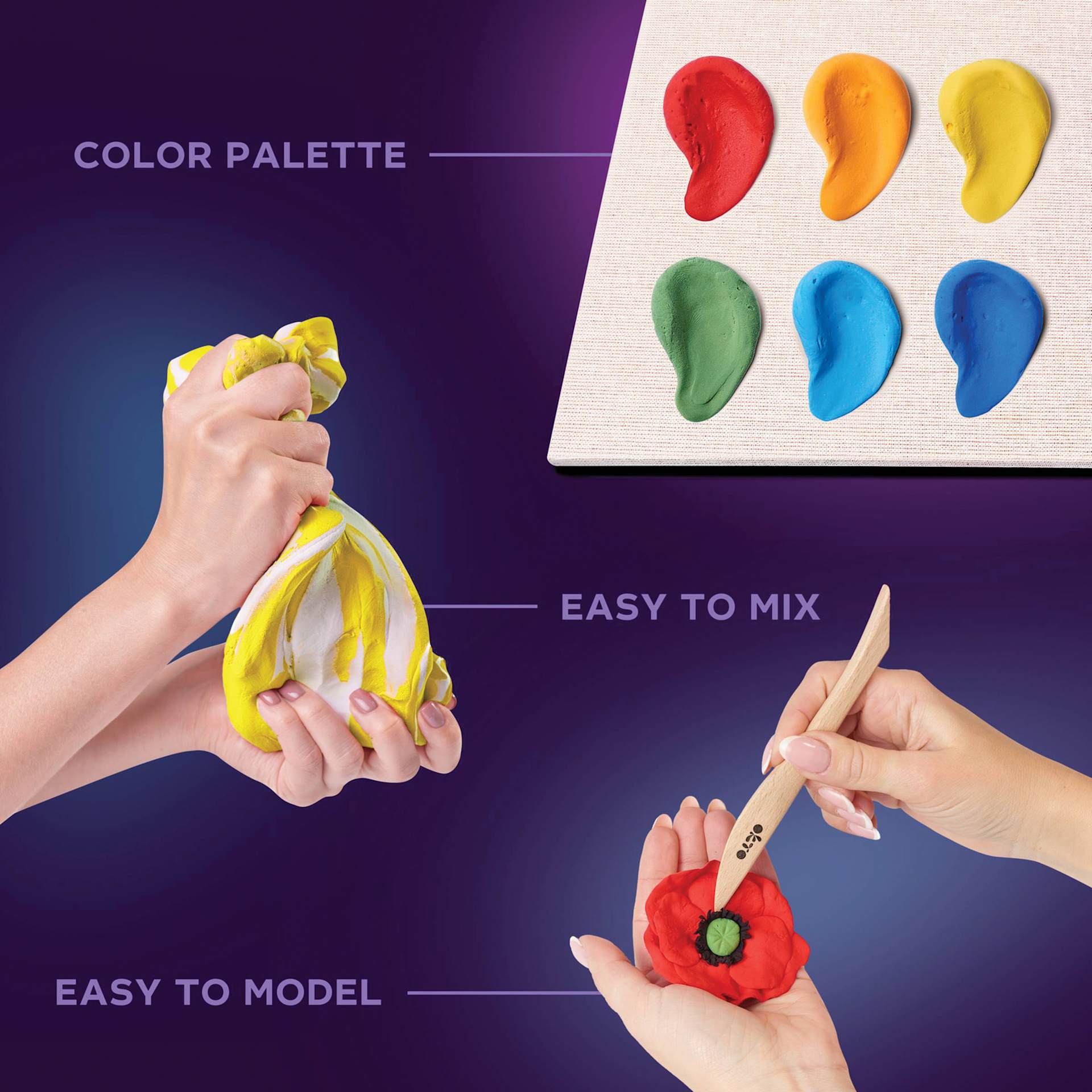 Okto Sensory Art DIY Wood & Craft Clay Kit - Flowers, Freedom Colors - features