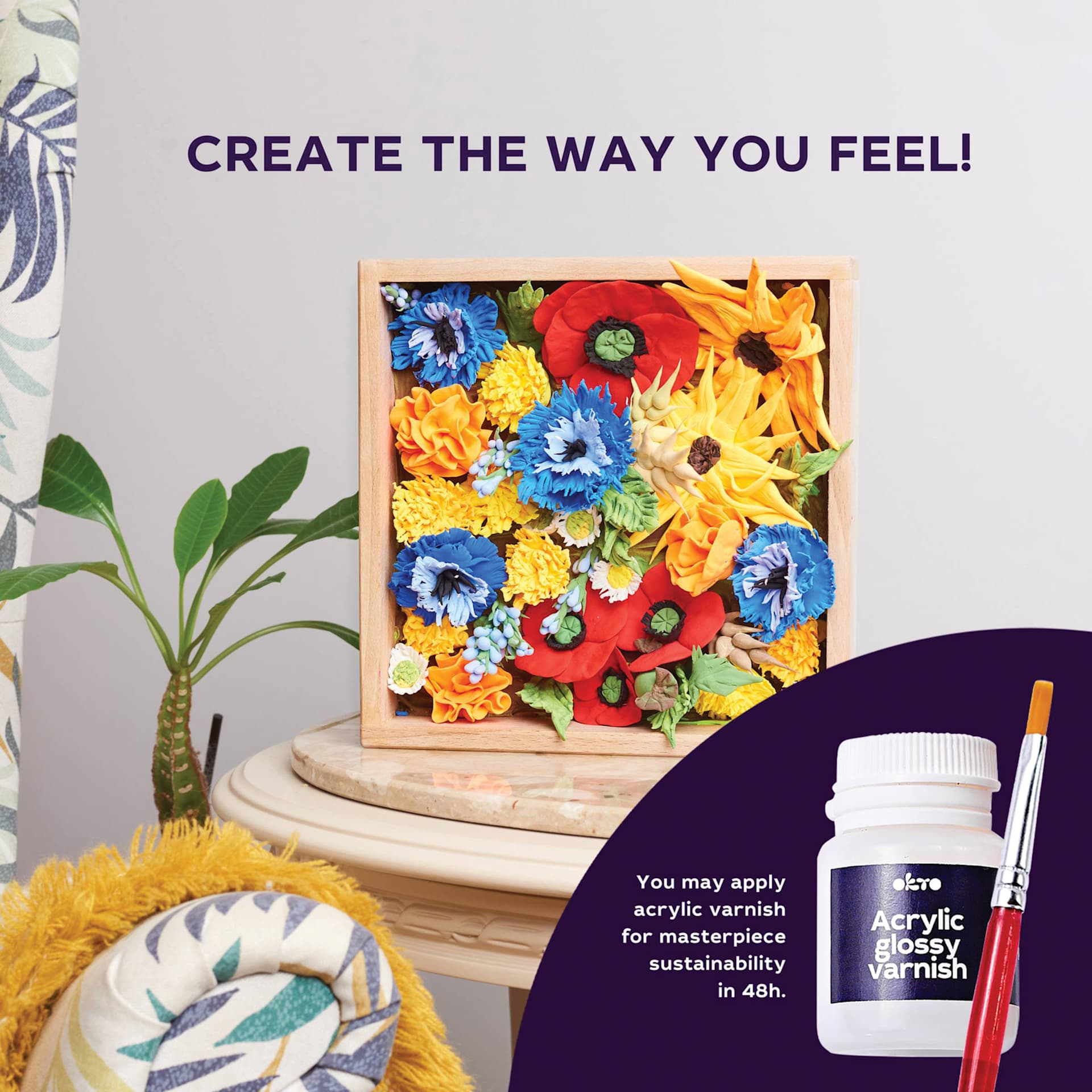 Okto Sensory Art DIY Wood & Craft Clay Kit - Flowers, Freedom Colors - finished example, glossy acrylic varnish