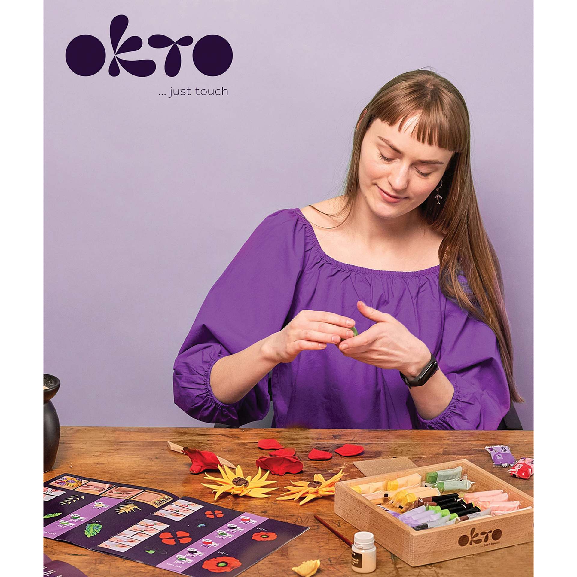 Okto Sensory Art DIY Wood & Craft Clay Kit - Flowers, Freedom Colors - in progress