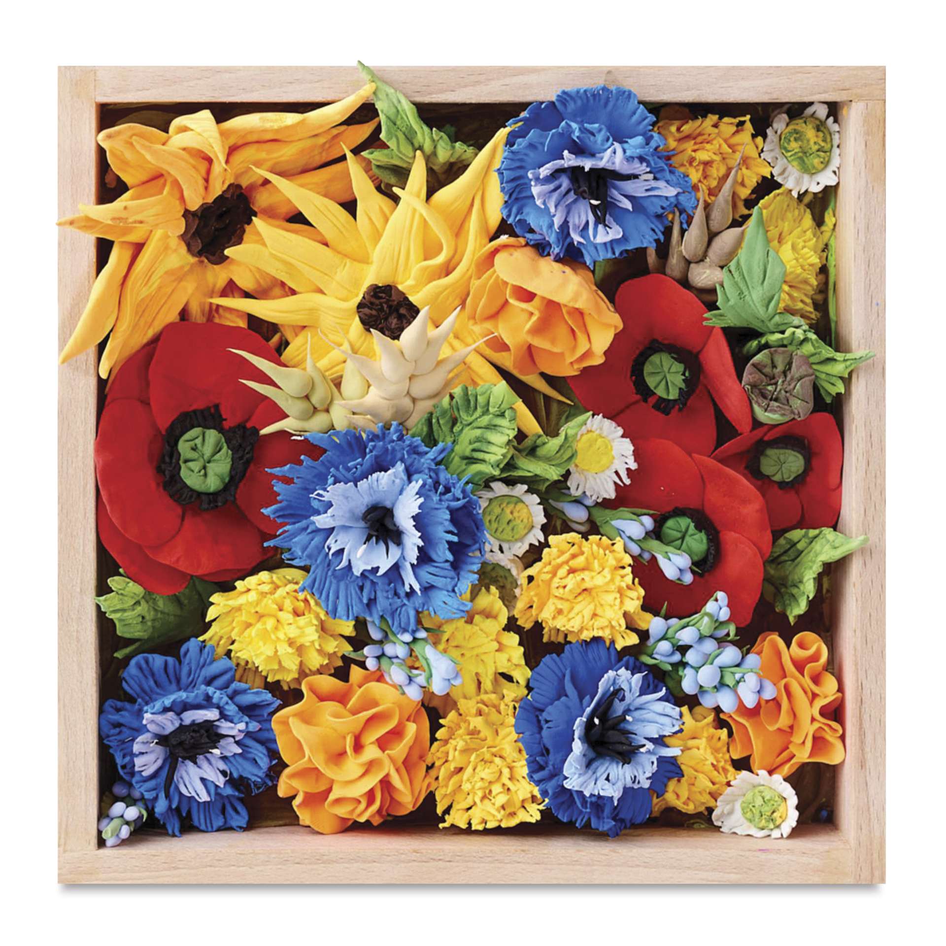 Okto Sensory Art DIY Wood & Craft Clay Kit - Flowers, Freedom Colors - finished example, top view
