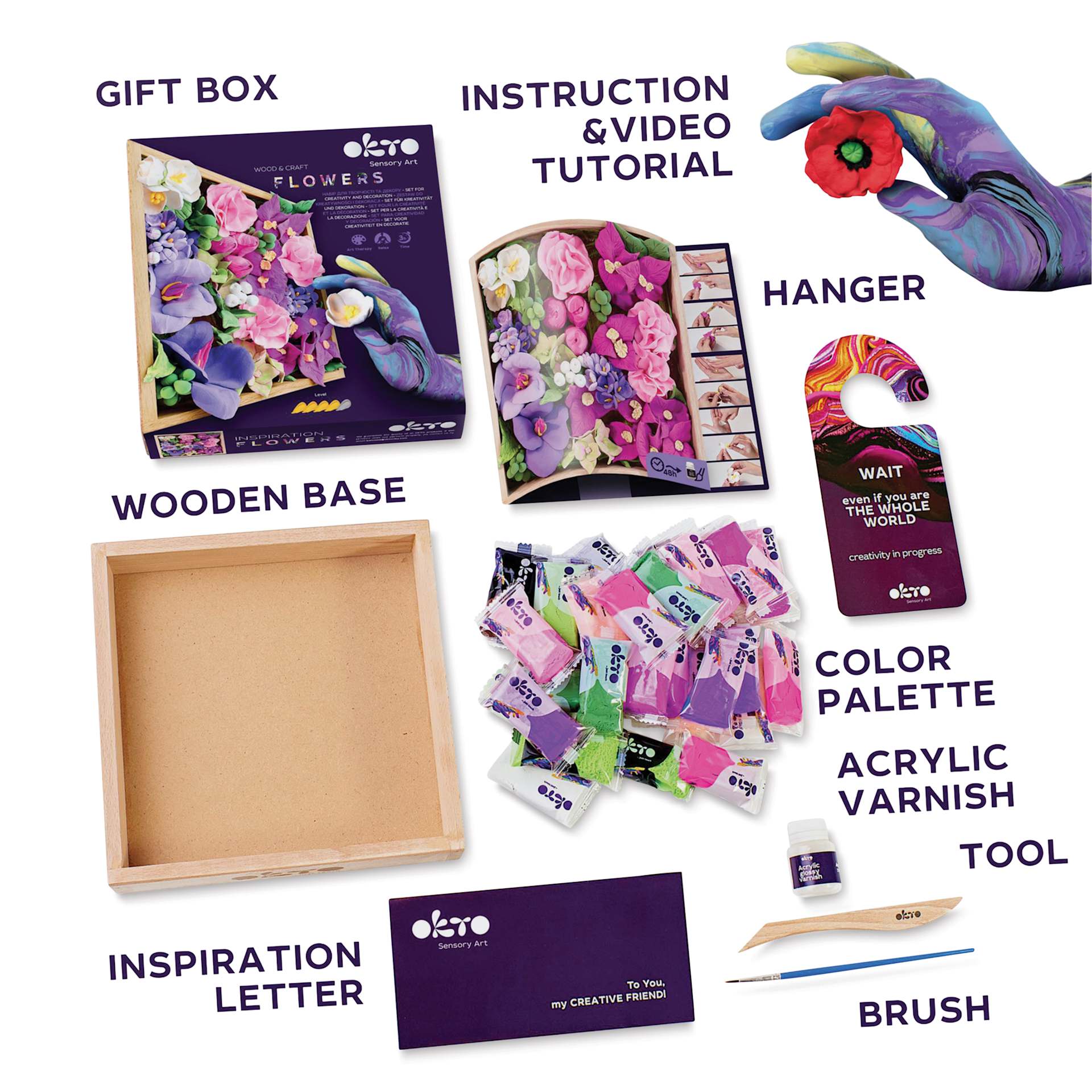 Okto Sensory Art DIY Wood & Craft Clay Kit - Flowers, Inspiration Colors - contents