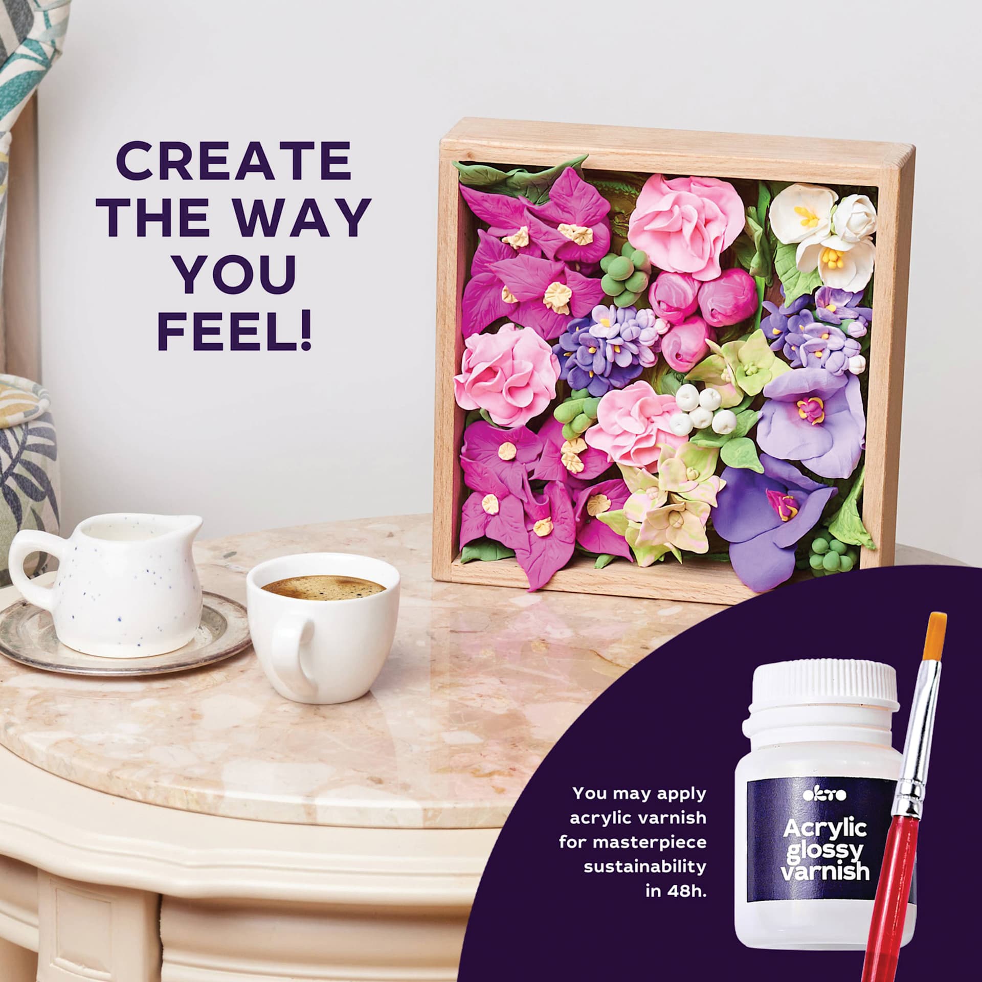Okto Sensory Art DIY Wood & Craft Clay Kit - Flowers, Inspiration Colors - finished example, glossy acrylic varnish