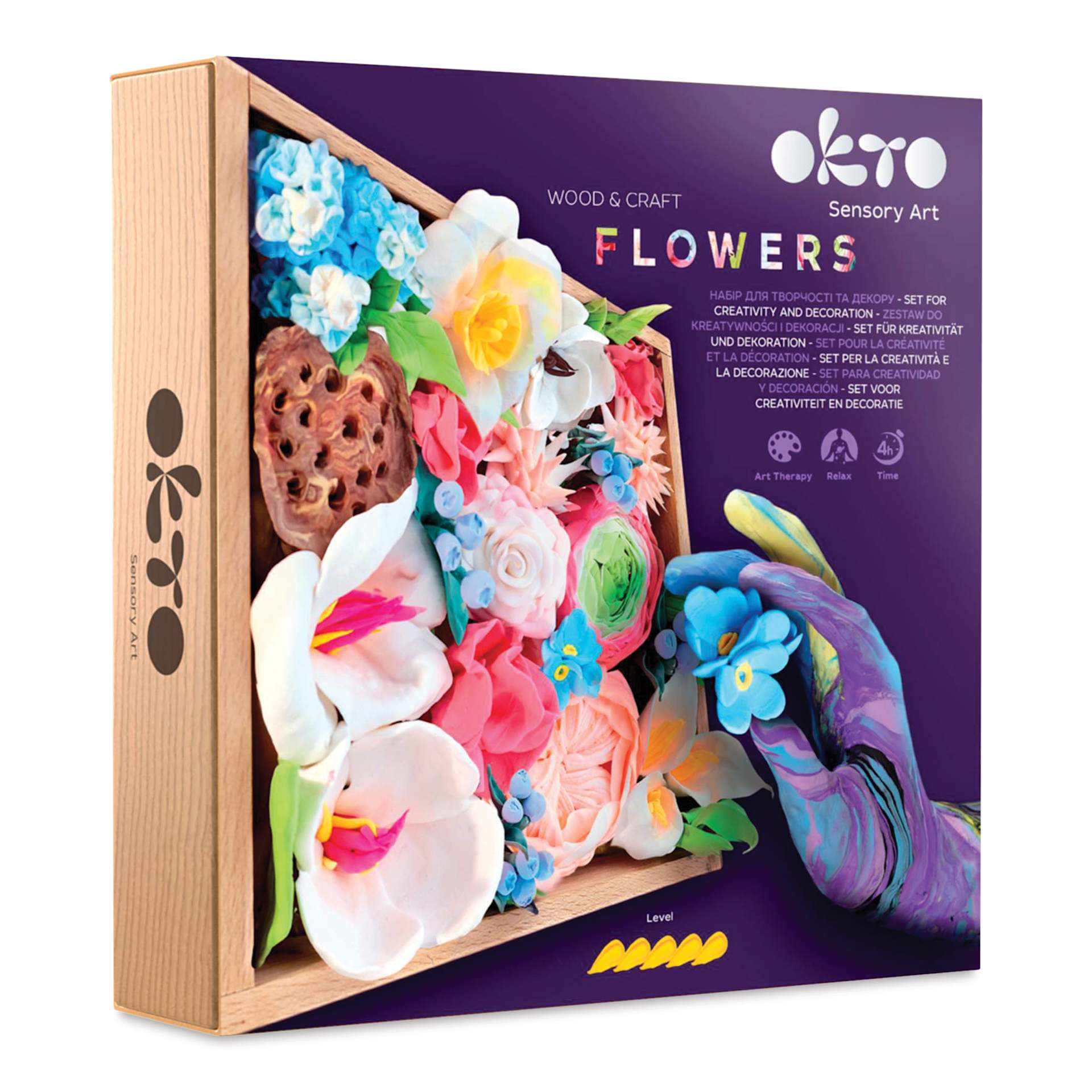 Okto Sensory Art DIY Wood & Craft Clay Kit - Flowers, Romance Colors - front of packaging
