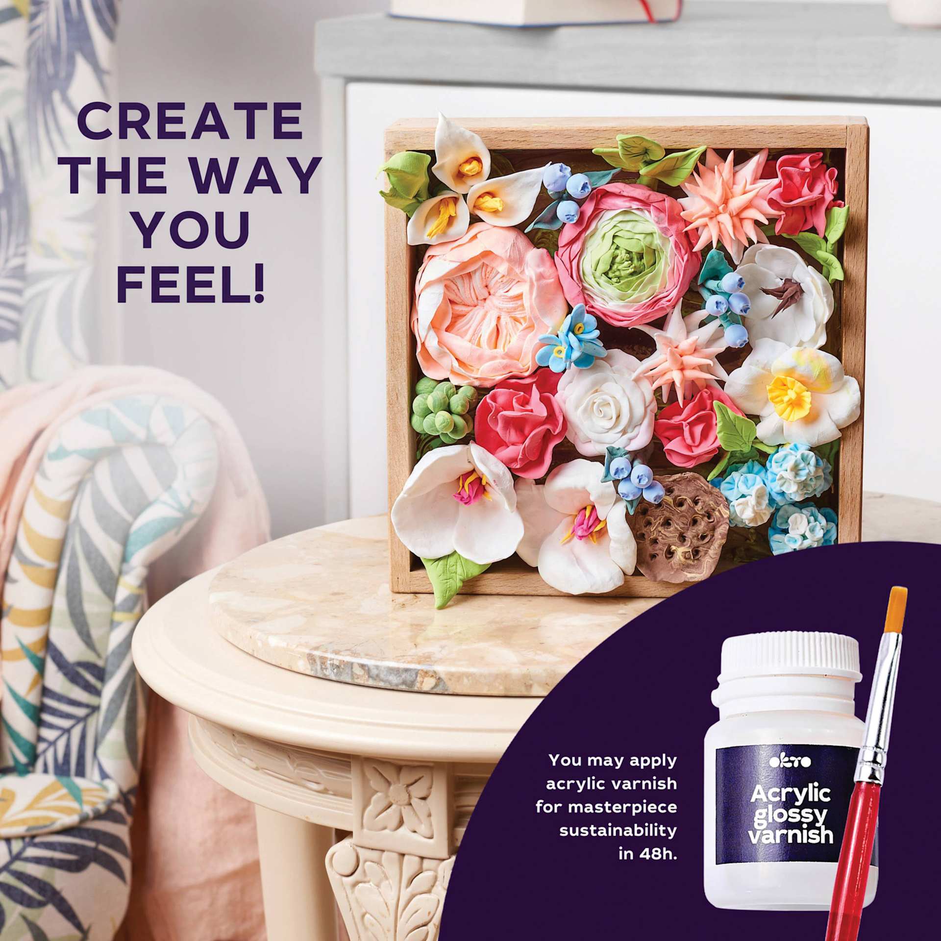 Okto Sensory Art DIY Wood & Craft Clay Kit - Flowers, Romance Colors - finished example, glossy acrylic varnish