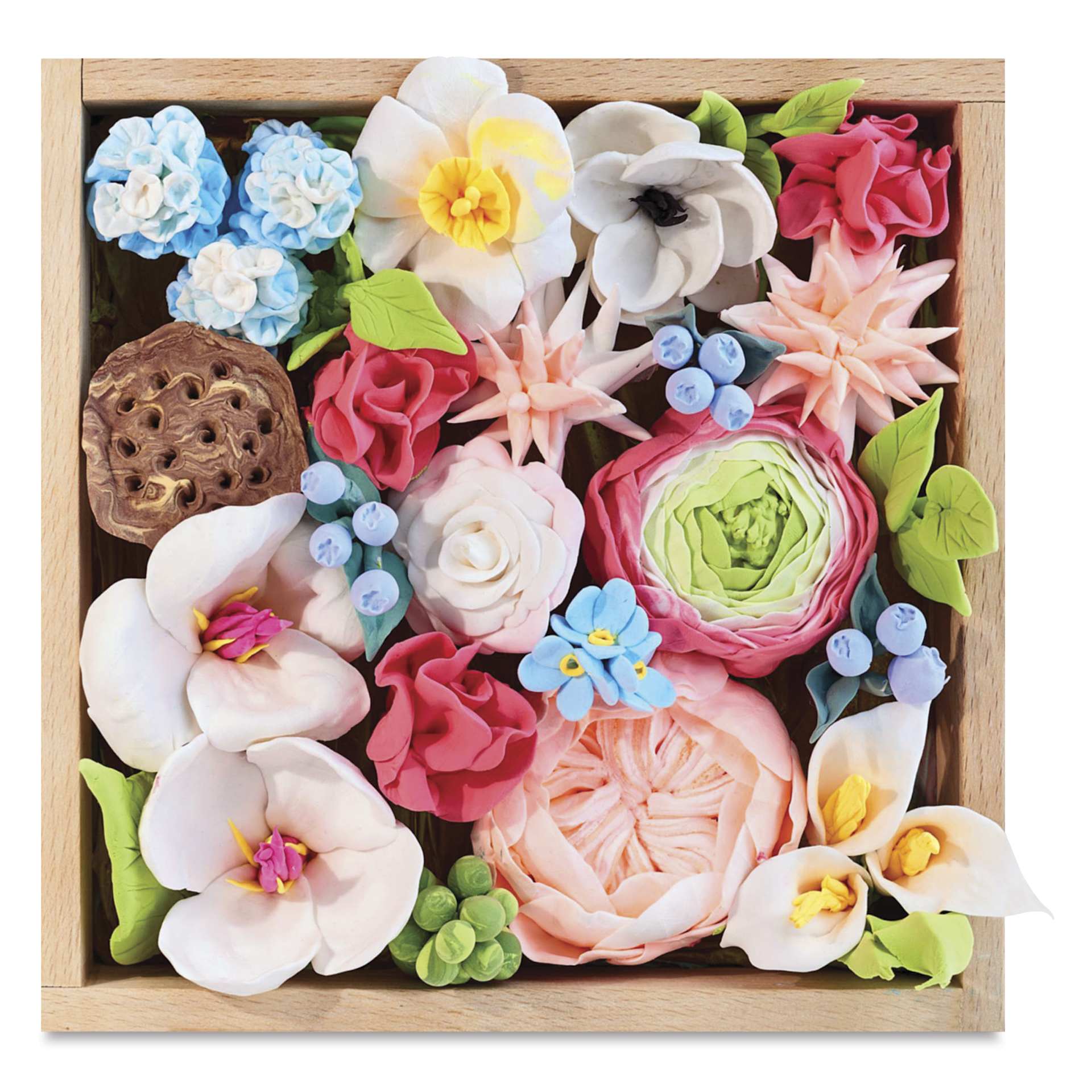 Okto Sensory Art DIY Wood & Craft Clay Kit - Flowers, Romance Colors - finished example, top view