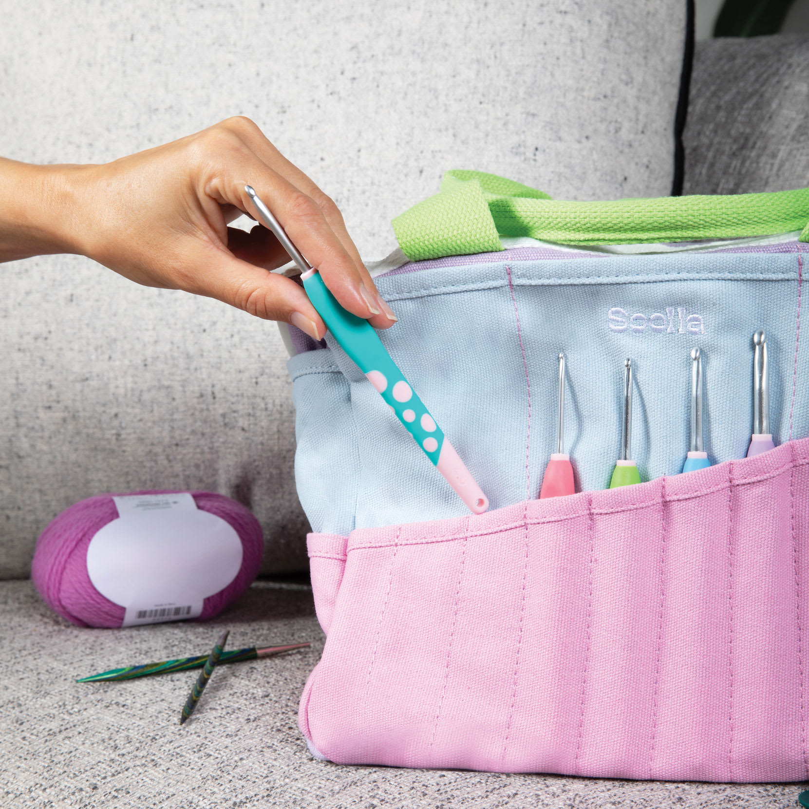 Soolla Studio Art Supply & Pottery Tool Bag - 80's Windbreaker containing various crochet hooks