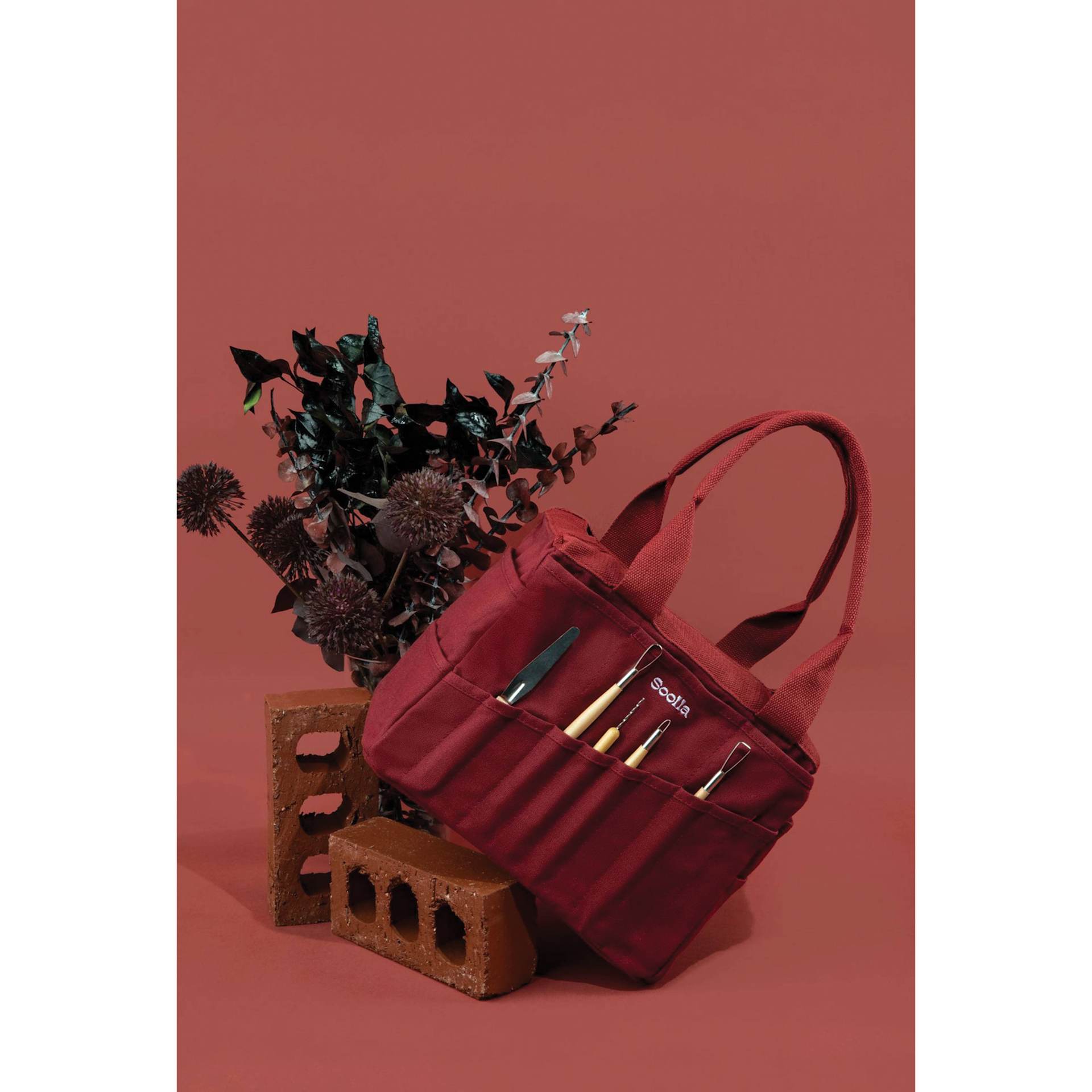 Soolla Studio Art Supply & Pottery Tool Bag - Sangria - with tools (not included) stored along side