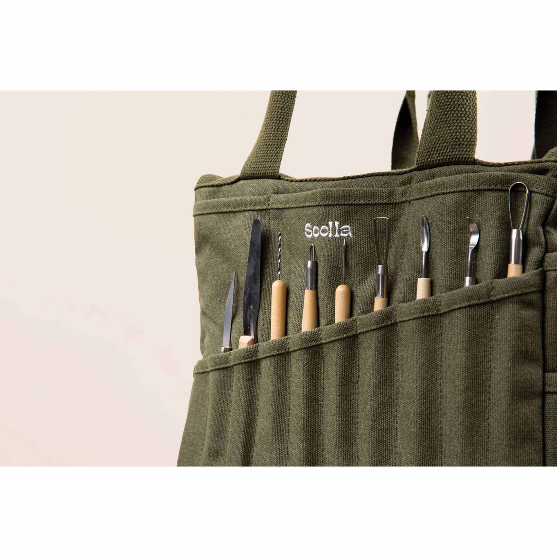 Soolla Studio Art Supply & Pottery Tool Bag - Deep Forest Green - with tools (not included) stored along side
