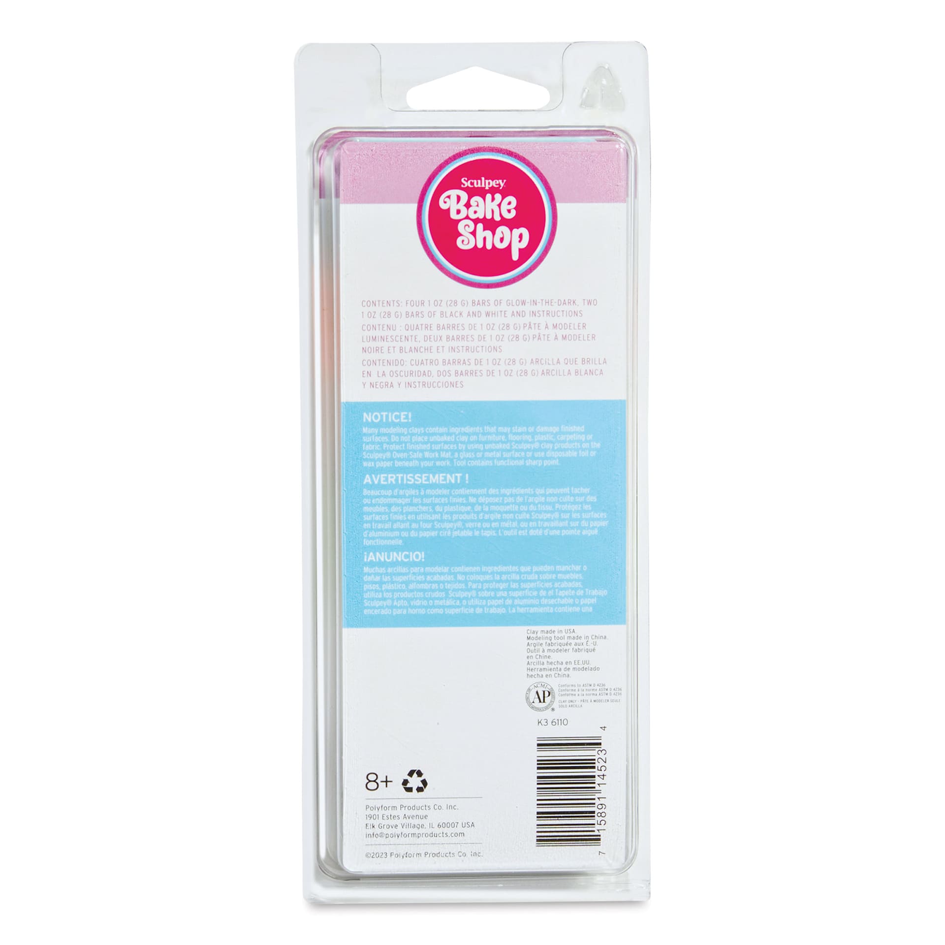 Sculpey Bake Shop Glow-In-The-Dark Clay - 1 oz, Set of 6 back of packaging