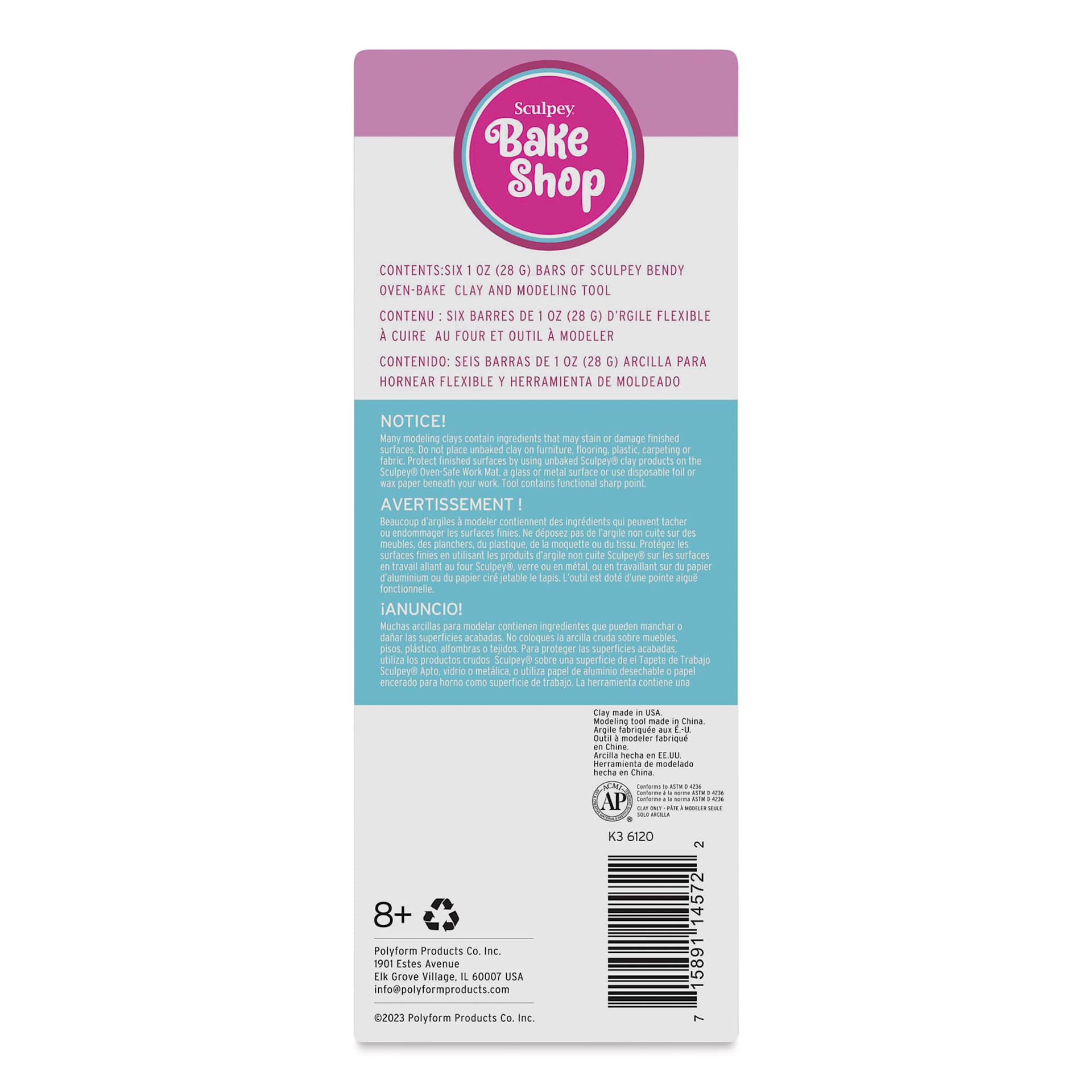 Sculpey Bake Shop Bendy Clay - Set of 6, 1 oz, Assorted back of packaging