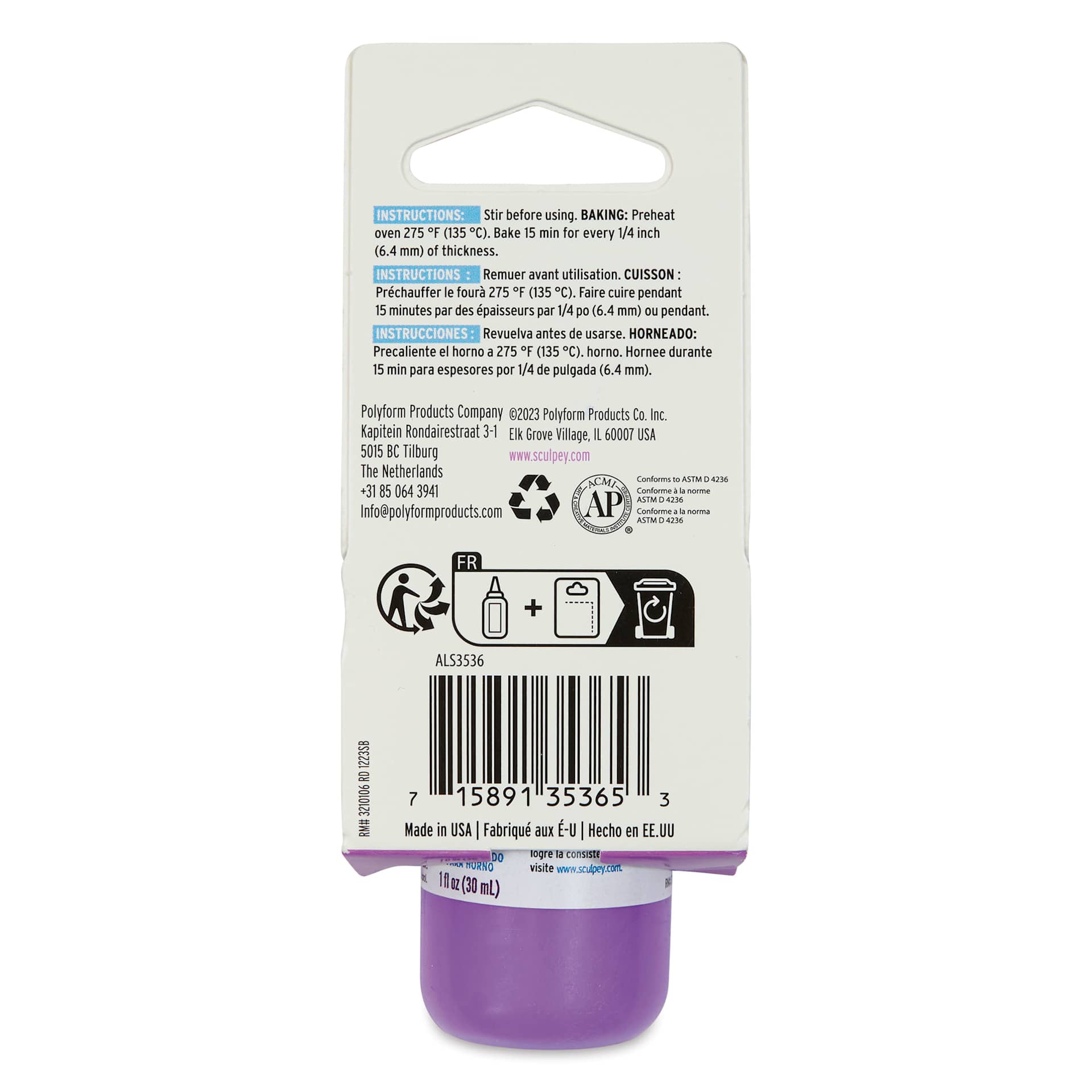 Liquid Sculpey - Purple, 1 oz - back of packaging