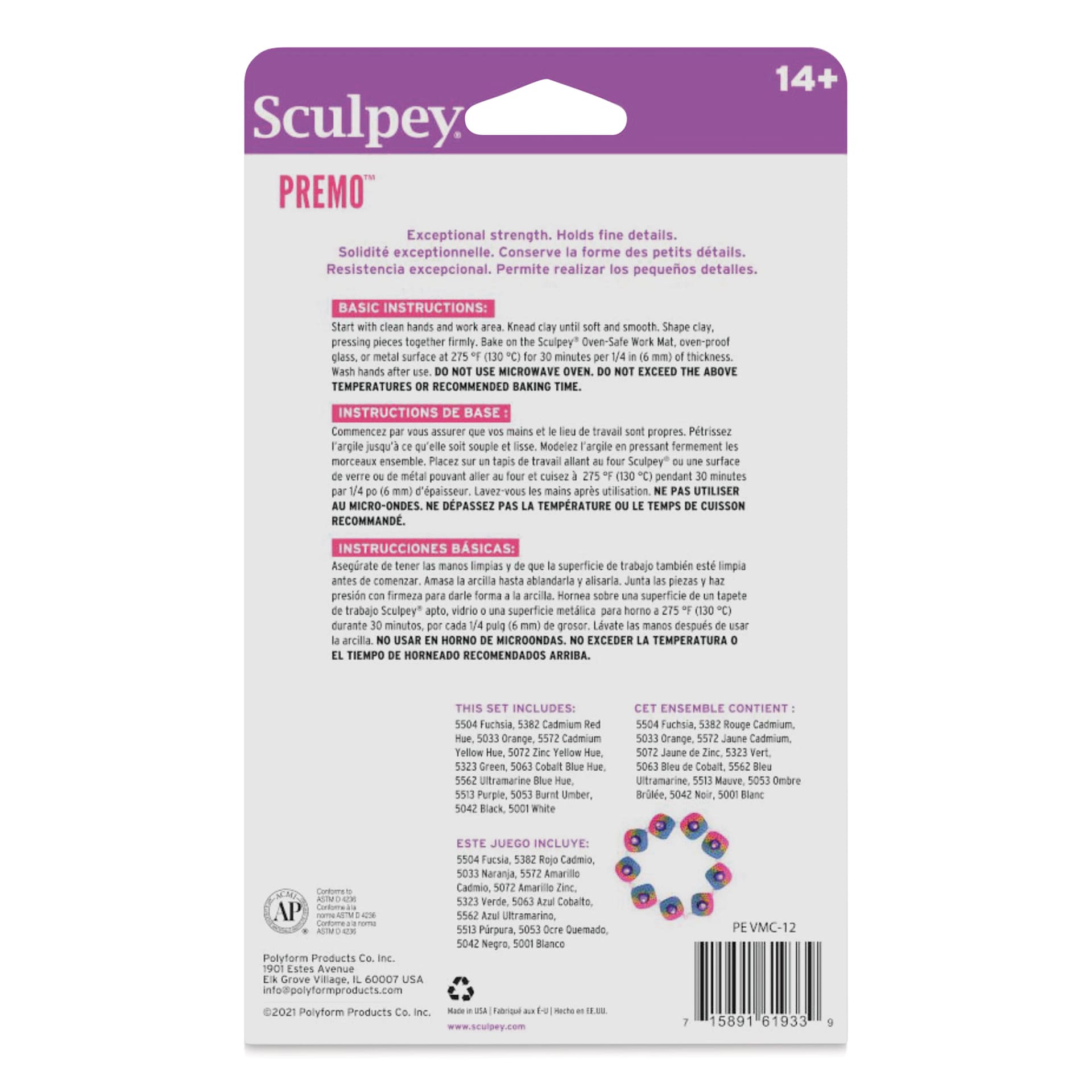 Sculpey Premo - Classics, Set of 12, 1 oz back of packaging
