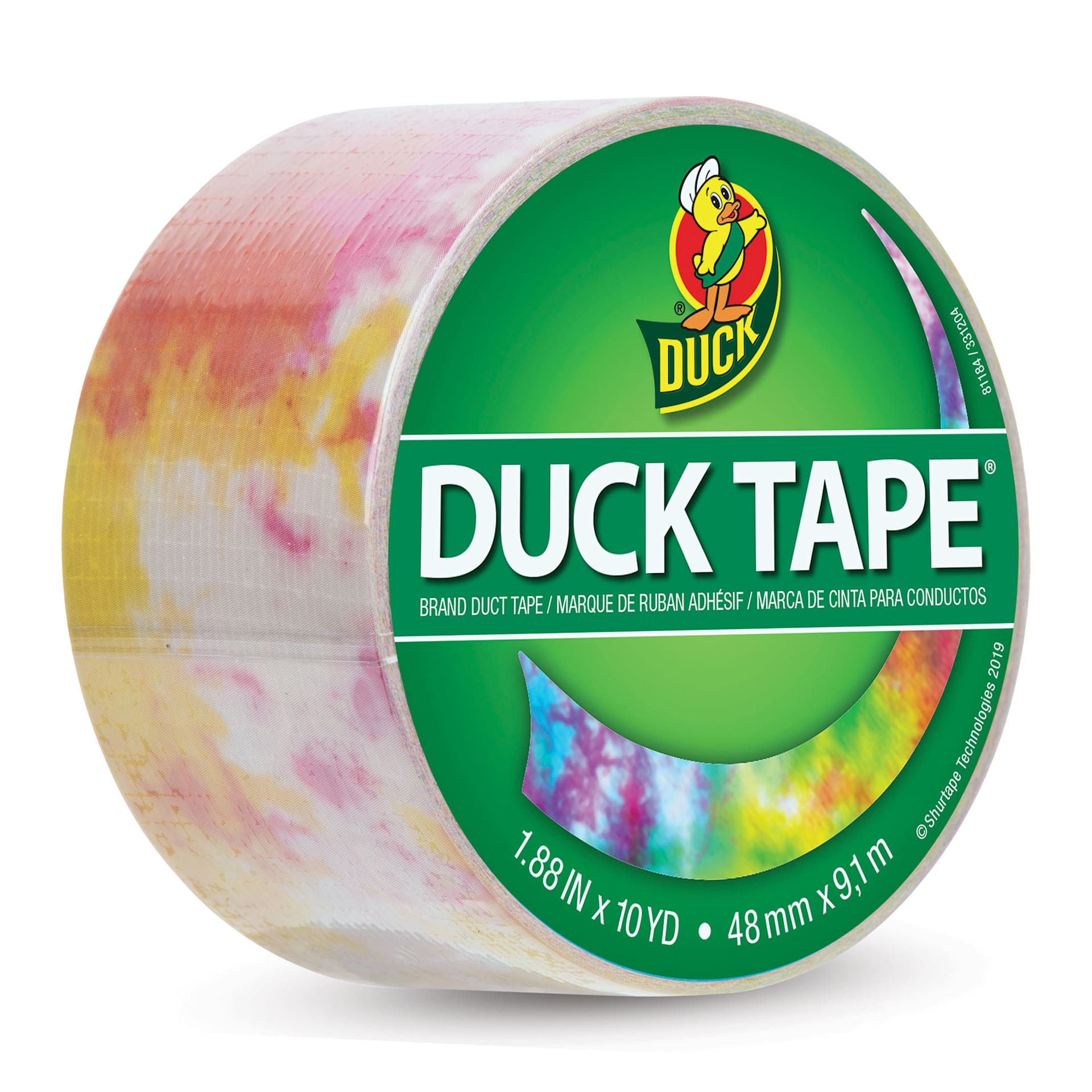 Duck Tape Prints - Multicolor Tie-Dye, 1.88" x 10 yds top of roll, angled view