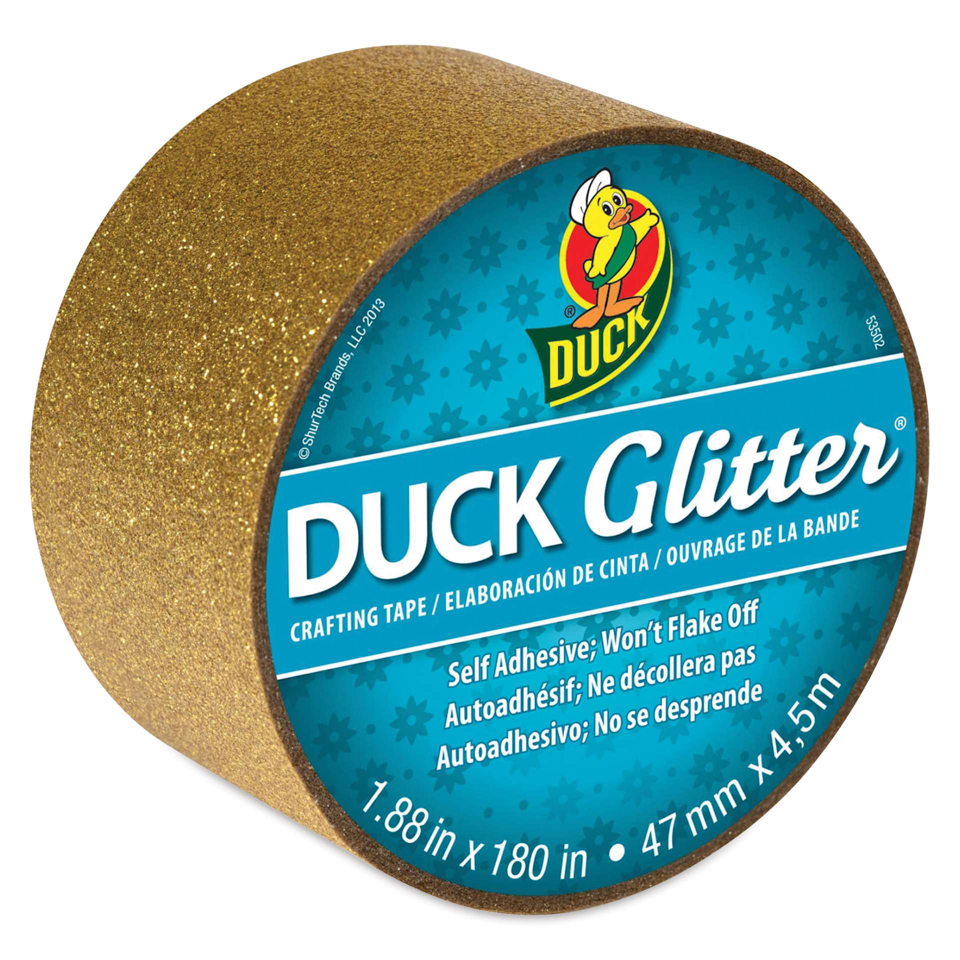 Duck Glitter Tape - 1.88" x 5 yds, Gold Glitter top of roll, angled view