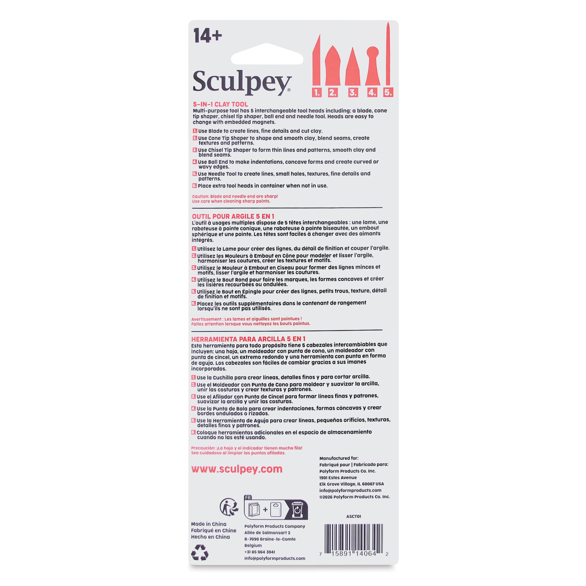 Sculpey Tools 5-in-1 Clay Tool Set back of packaging