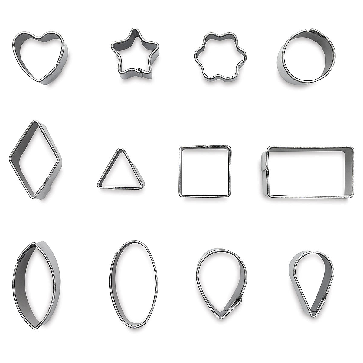 Sculpey Tools Mini Metal Clay Cutters - Top view of set of 12 cutters showing shapes