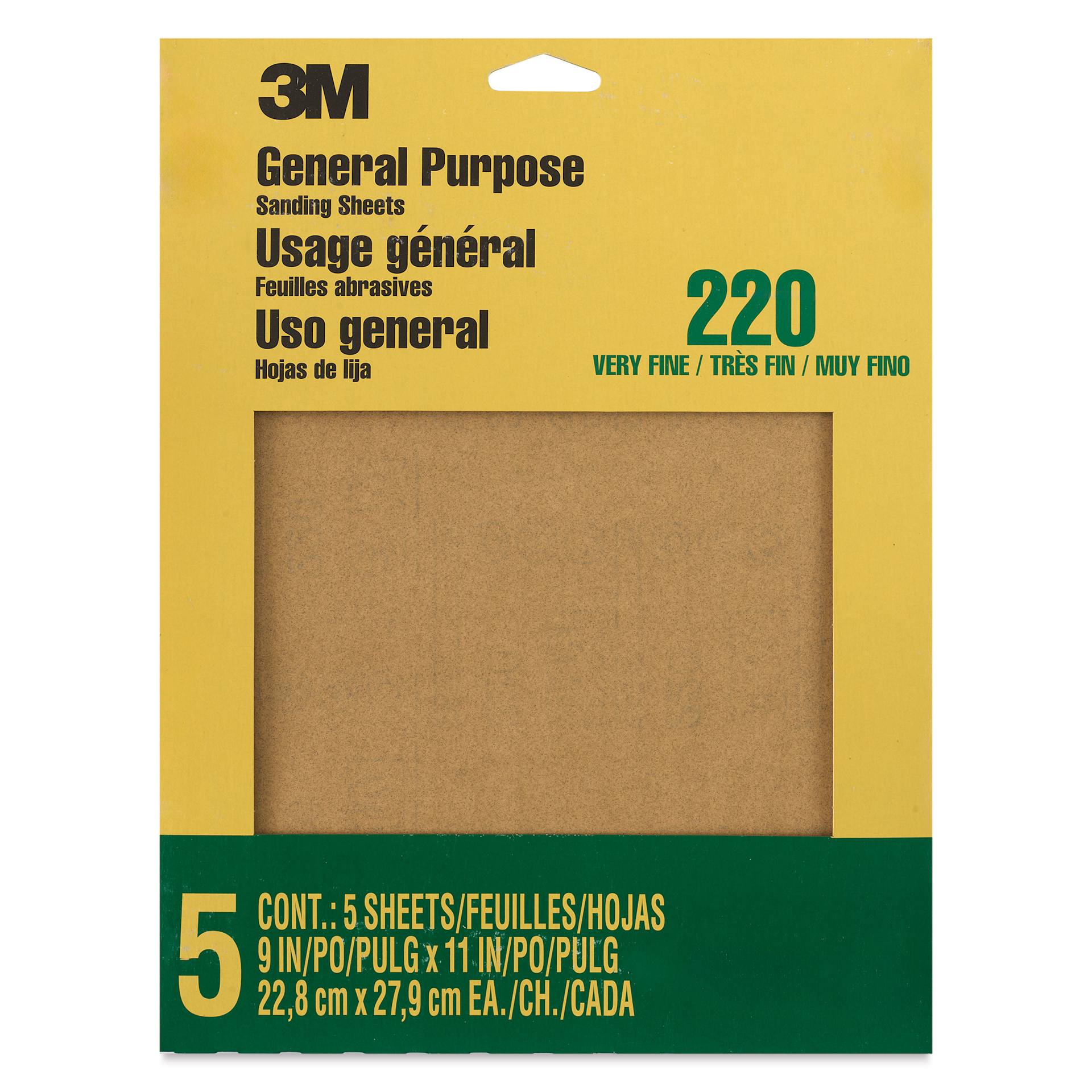 3M General Purpose Sandpaper - Pkg of 5, Very Fine, Grit 220-C, 9" x 11" front of packaging