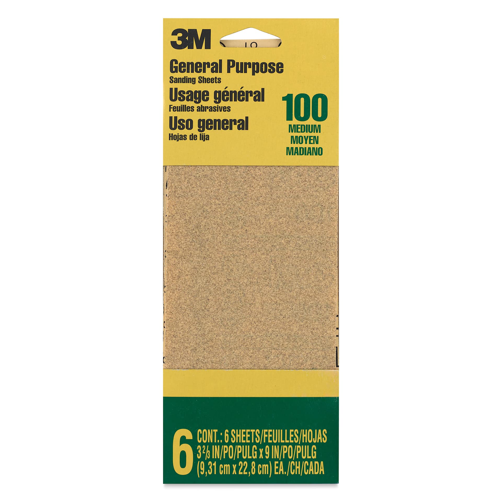 3M General Purpose Sandpaper - Pkg of 6, Medium Grit 100-C, 3.6" x 9" front of packaging