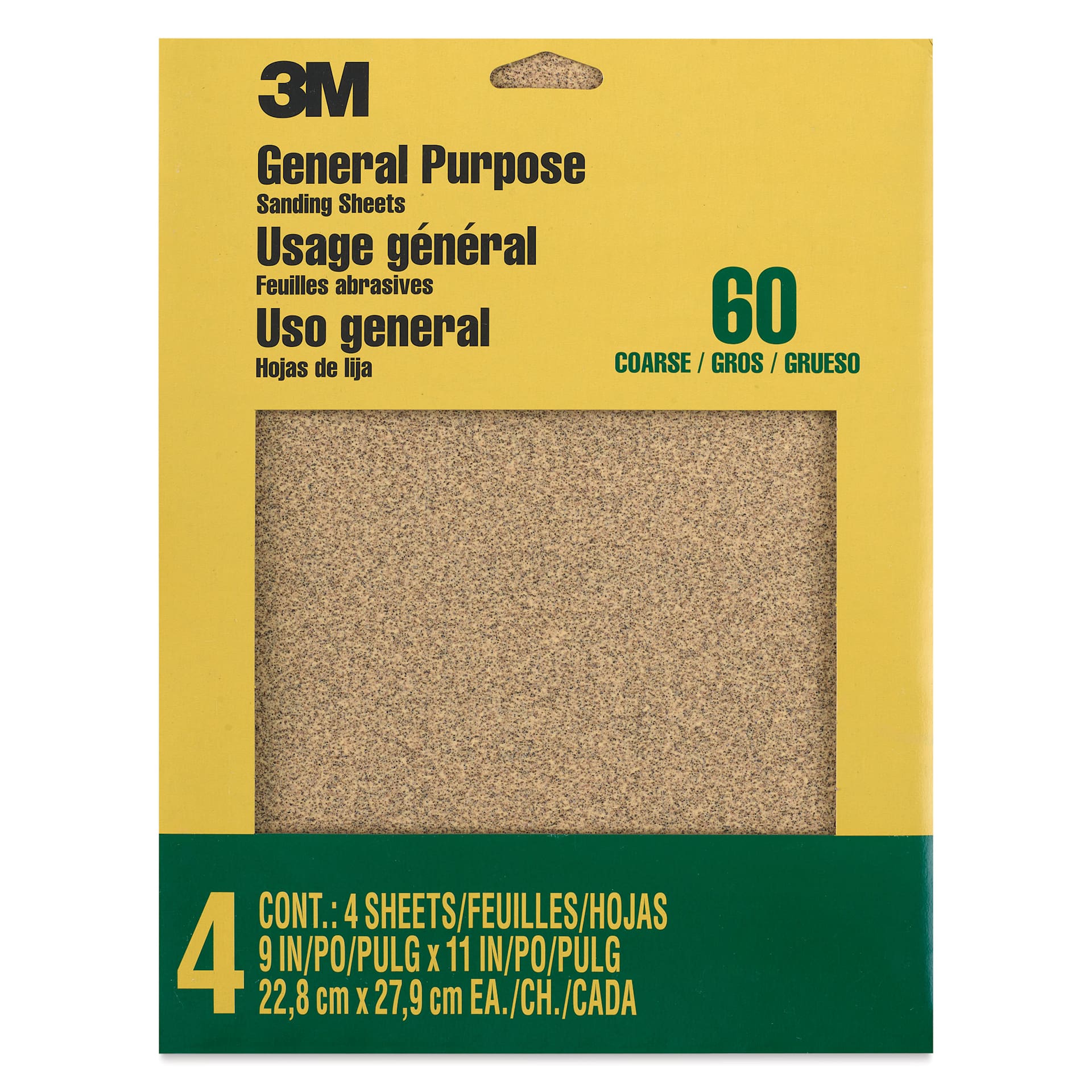 3M General Purpose Sandpaper - Pkg of 4, Course Grit 60-D, 9" x 11" front of packaging
