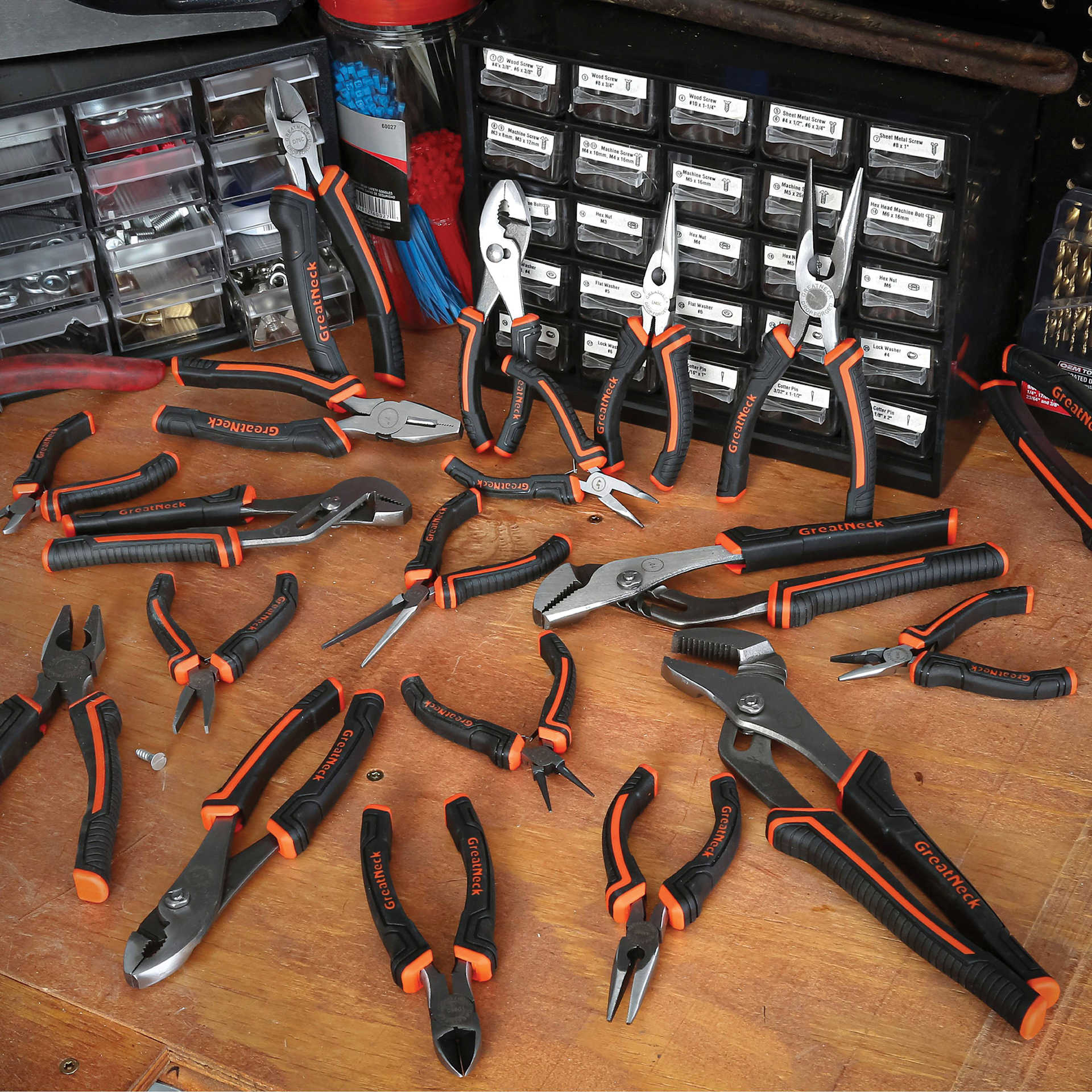 GreatNeck Pliers - assortment of all pliers on workbench