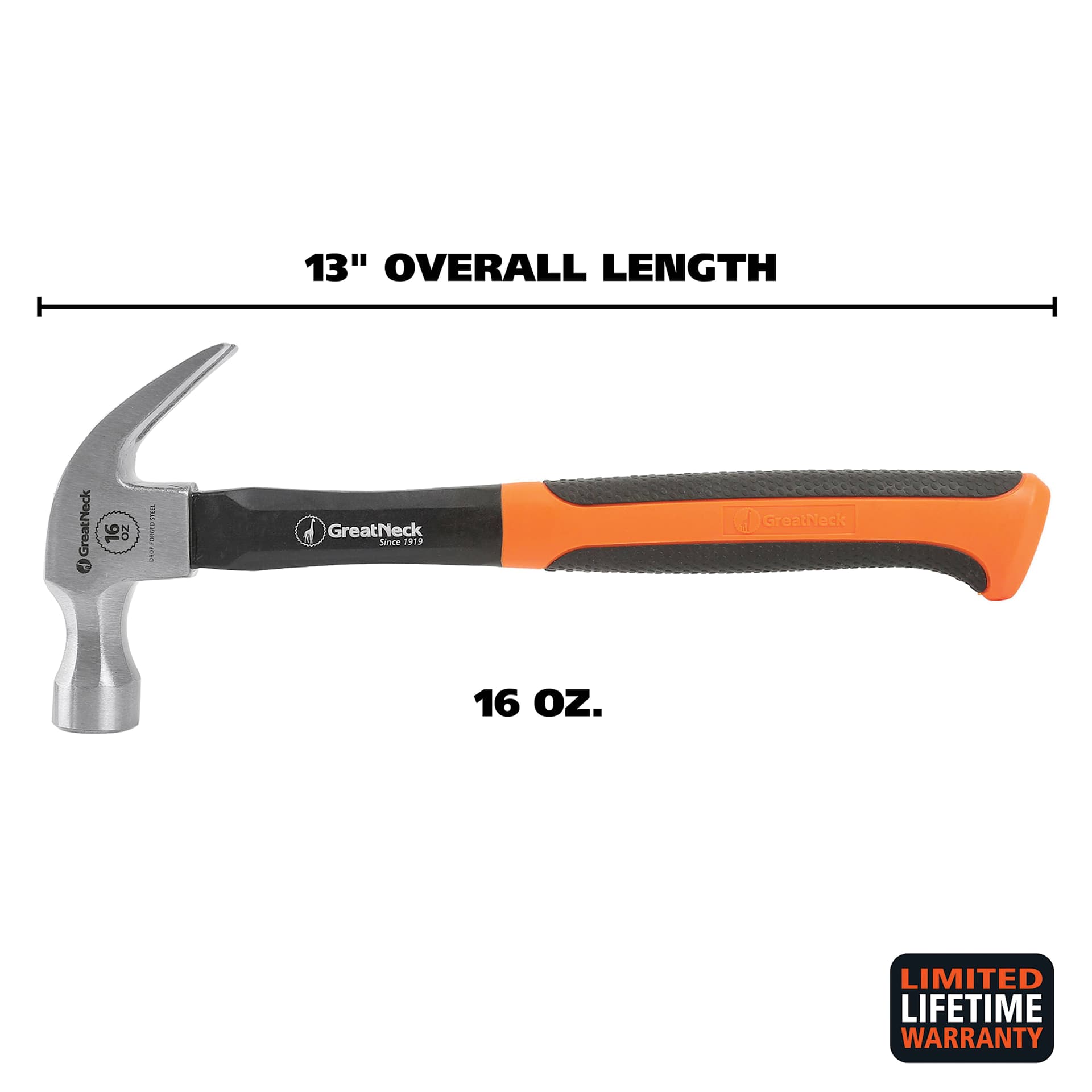 GreatNeck Fiberglass Curved Claw Hammer - dimensions
