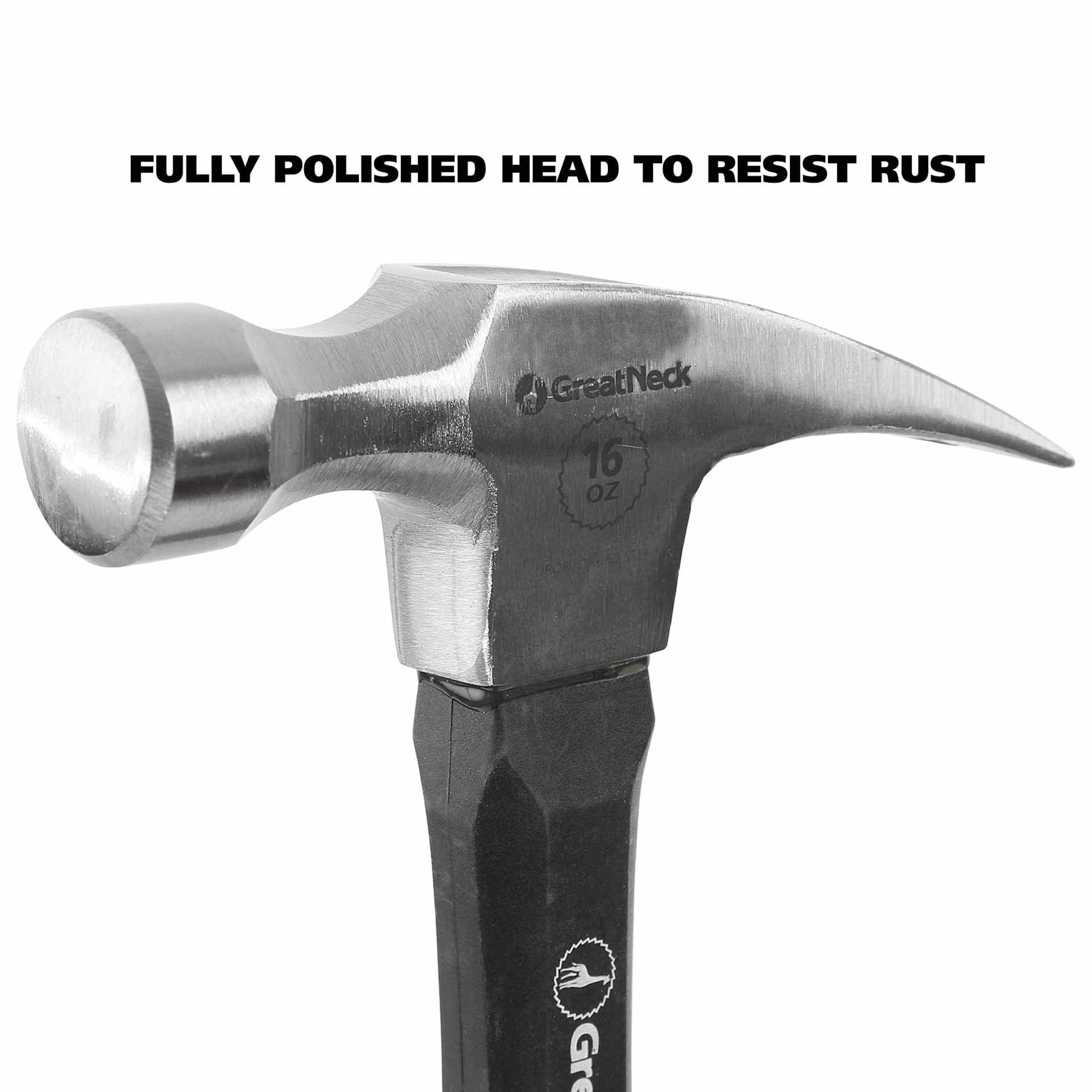 GreatNeck Fiberglass Straight Claw Hammer - fully polished head to resist rust