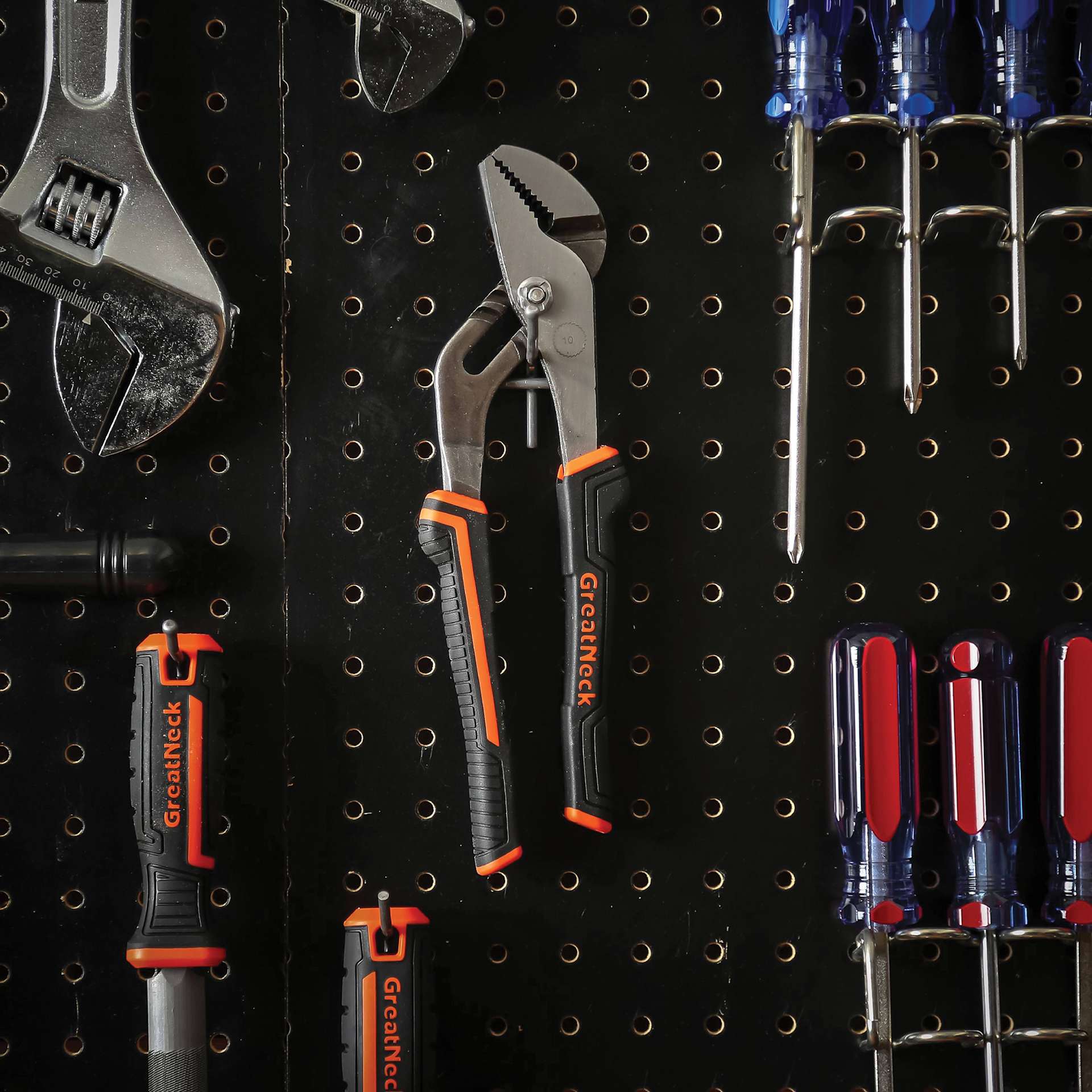 GreatNeck Groove Joint Pliers - hanging on pegboard