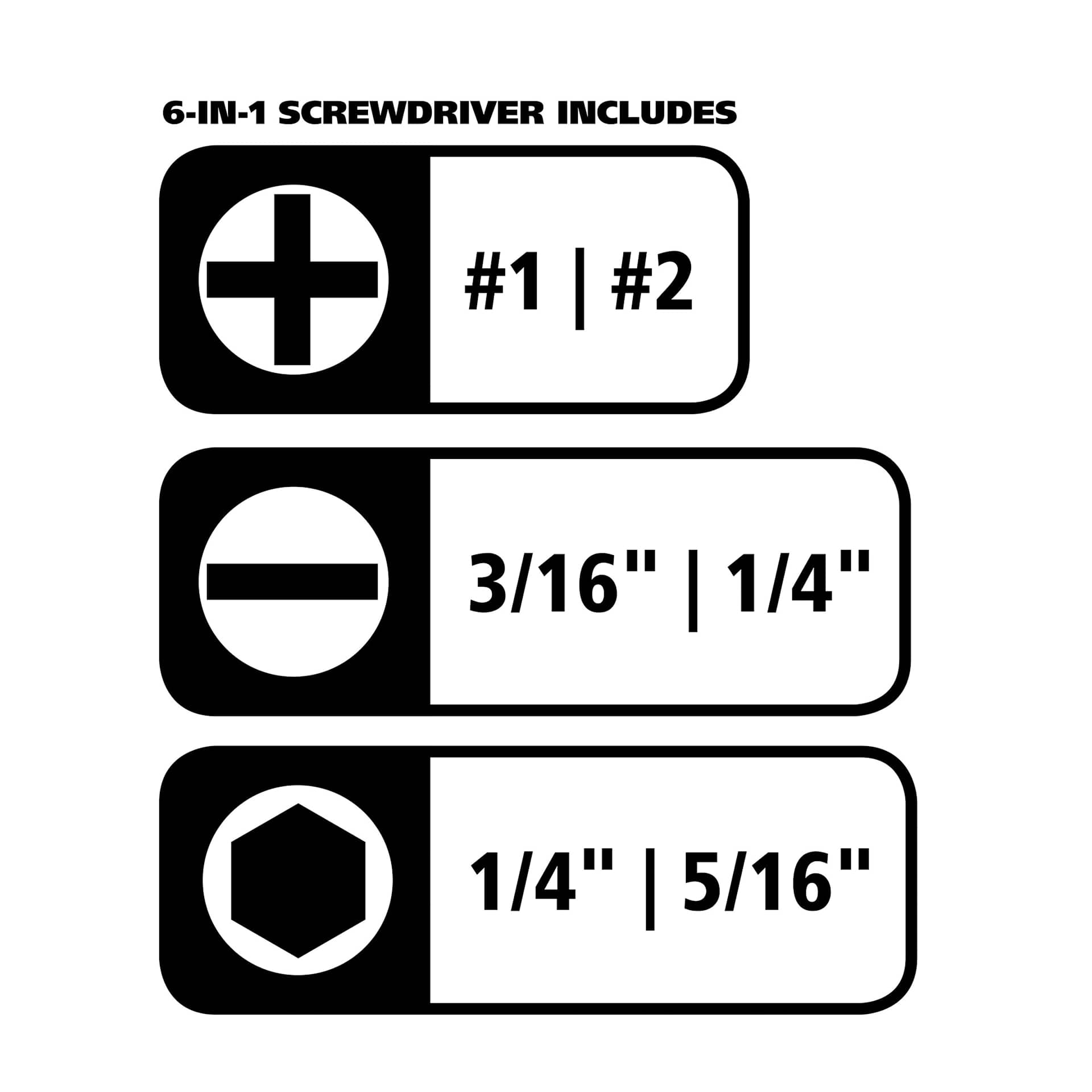GreatNeck 6-in-1 Screwdriver bits and drivers sizes