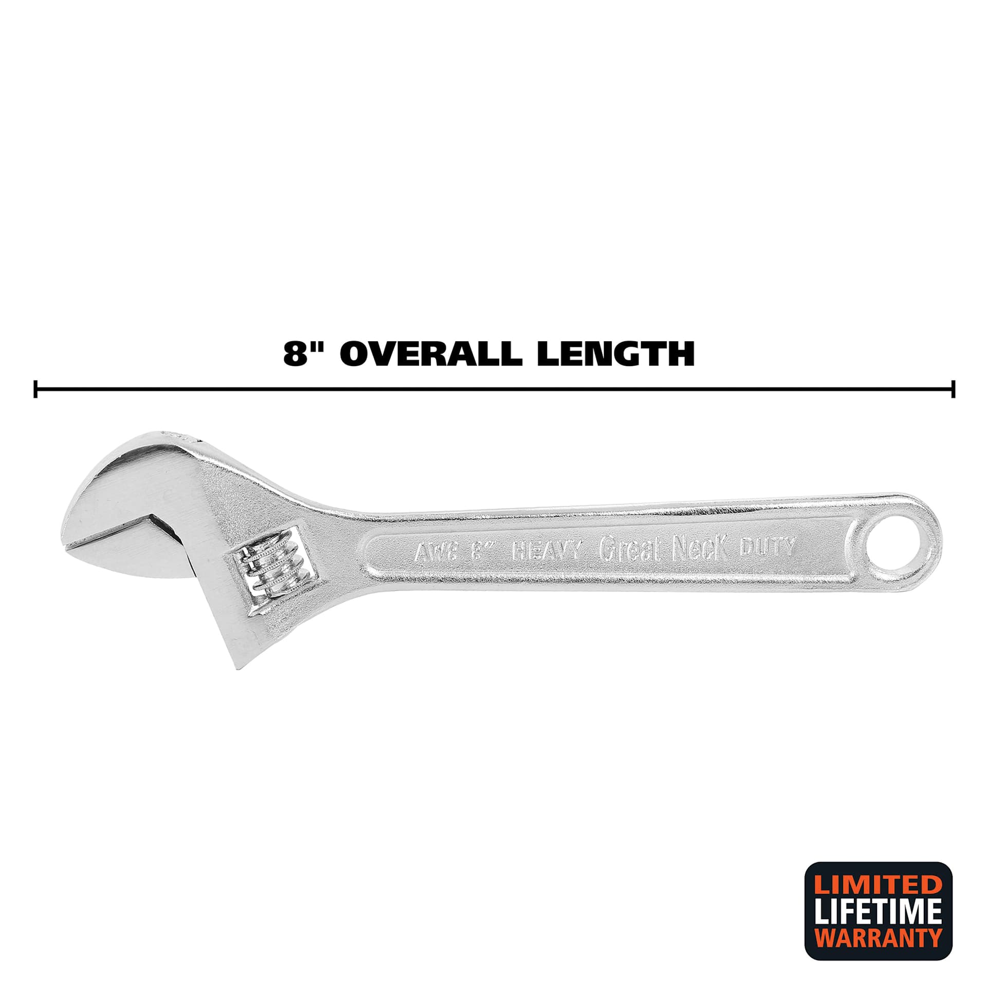 GreatNeck Adjustable Wrench overall length of 8"