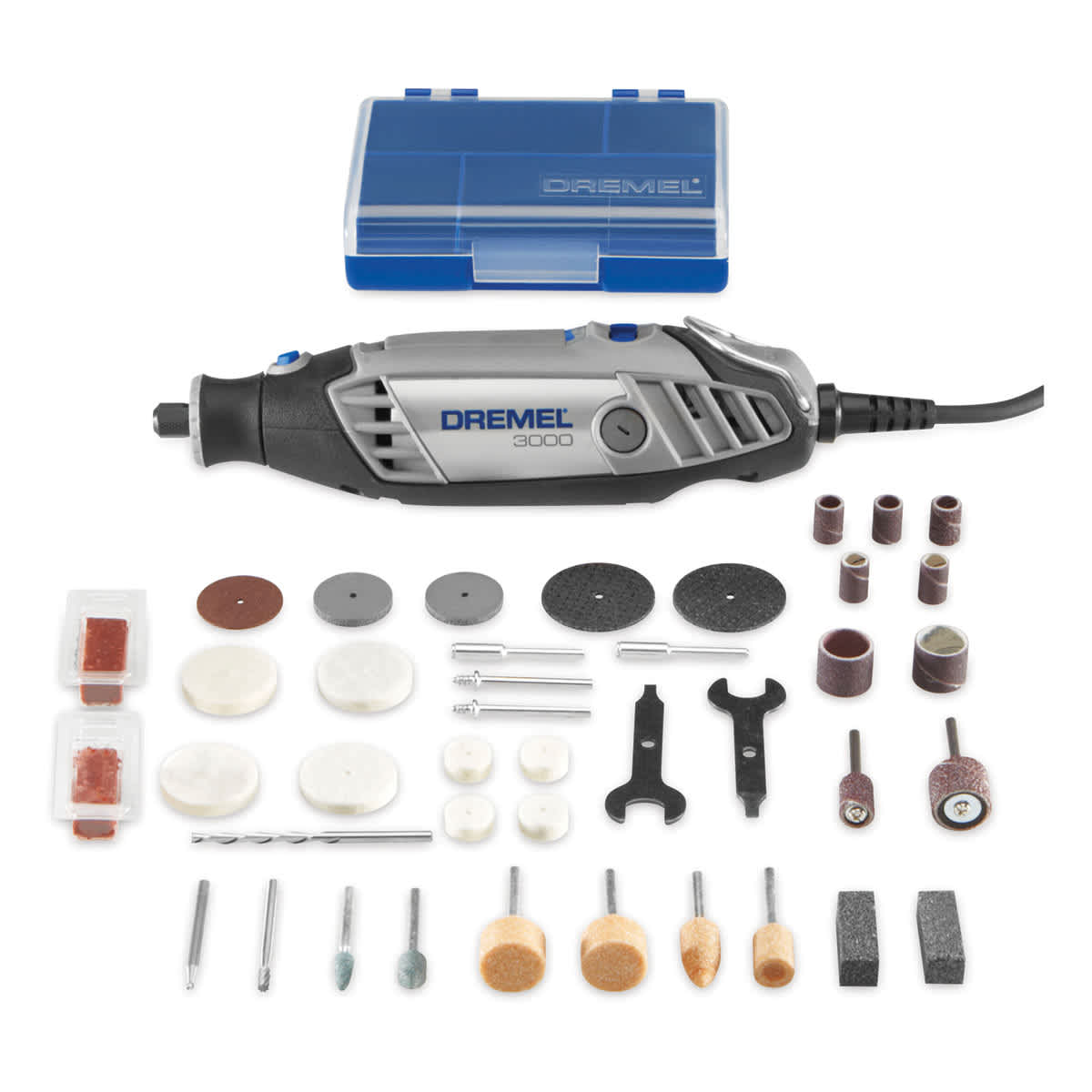 Dremel 3000 Variable Speed Rotary Tool - Tool shown with included attachments and storage case
