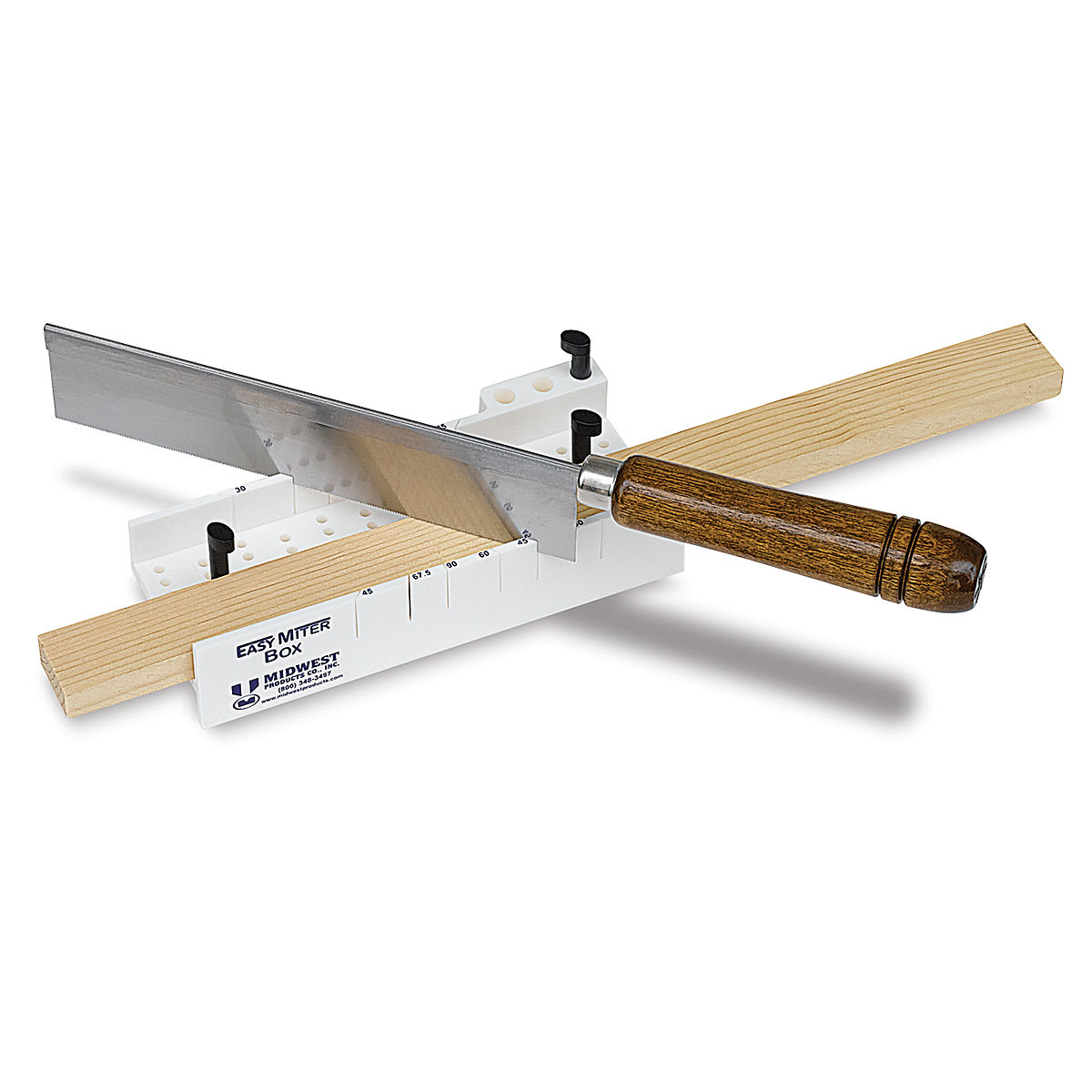 Easy Mitre Box Deluxe - Angled view of Miter Box with Razor saw inserted cutting block of wood