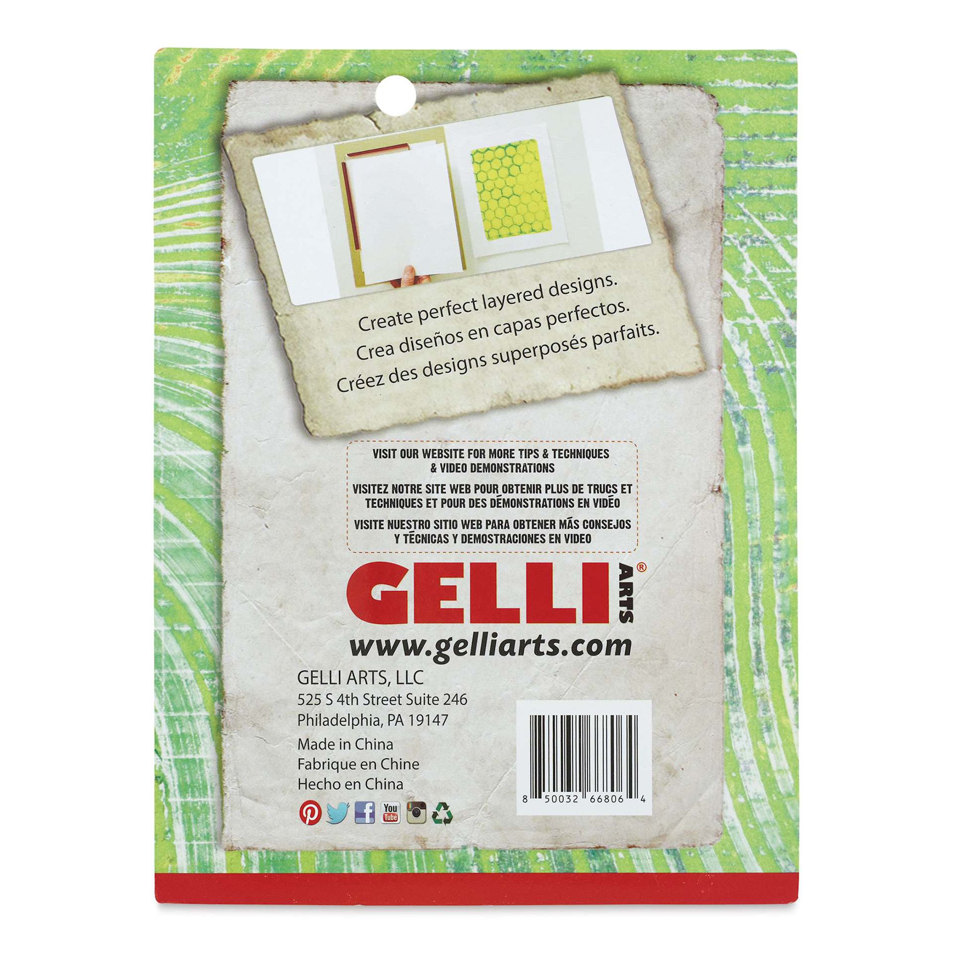 Gelli Arts Mini Placement Tool - 5"W x 7"L x 3/8"H (Back of packaging)