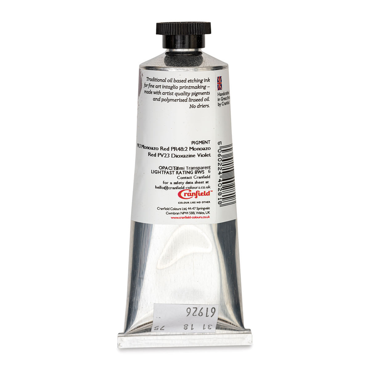Cranfield Traditional Etching Ink - Crimson Red, 75 ml - back of packaging