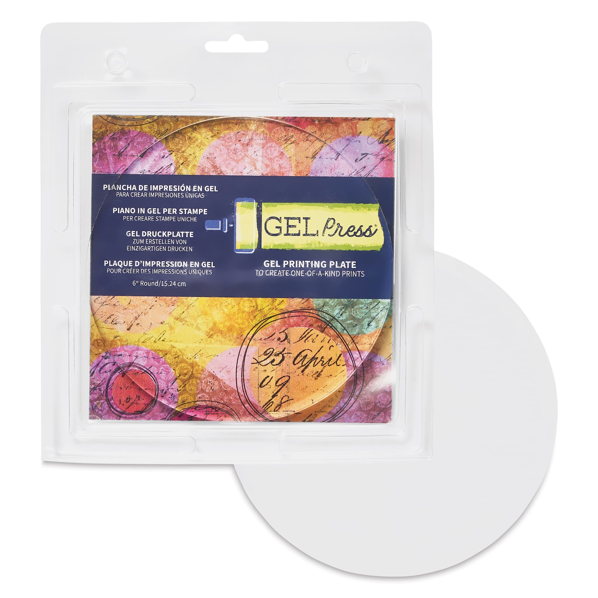Gel Press Printing Plate - Circle, 6" Diameter packaging with contents